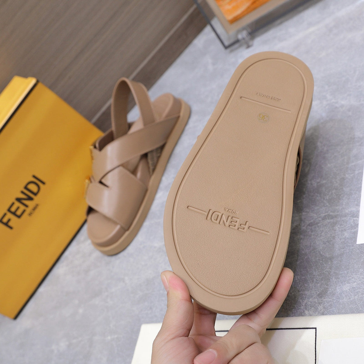 Fendi 26S Flat Sandals Pale Beige Calfskin
