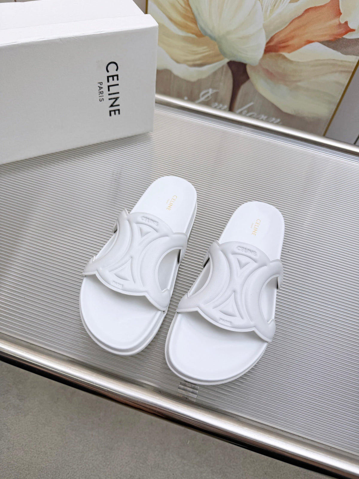 Celine 26s Triomphe Slides White Calfskin 843921