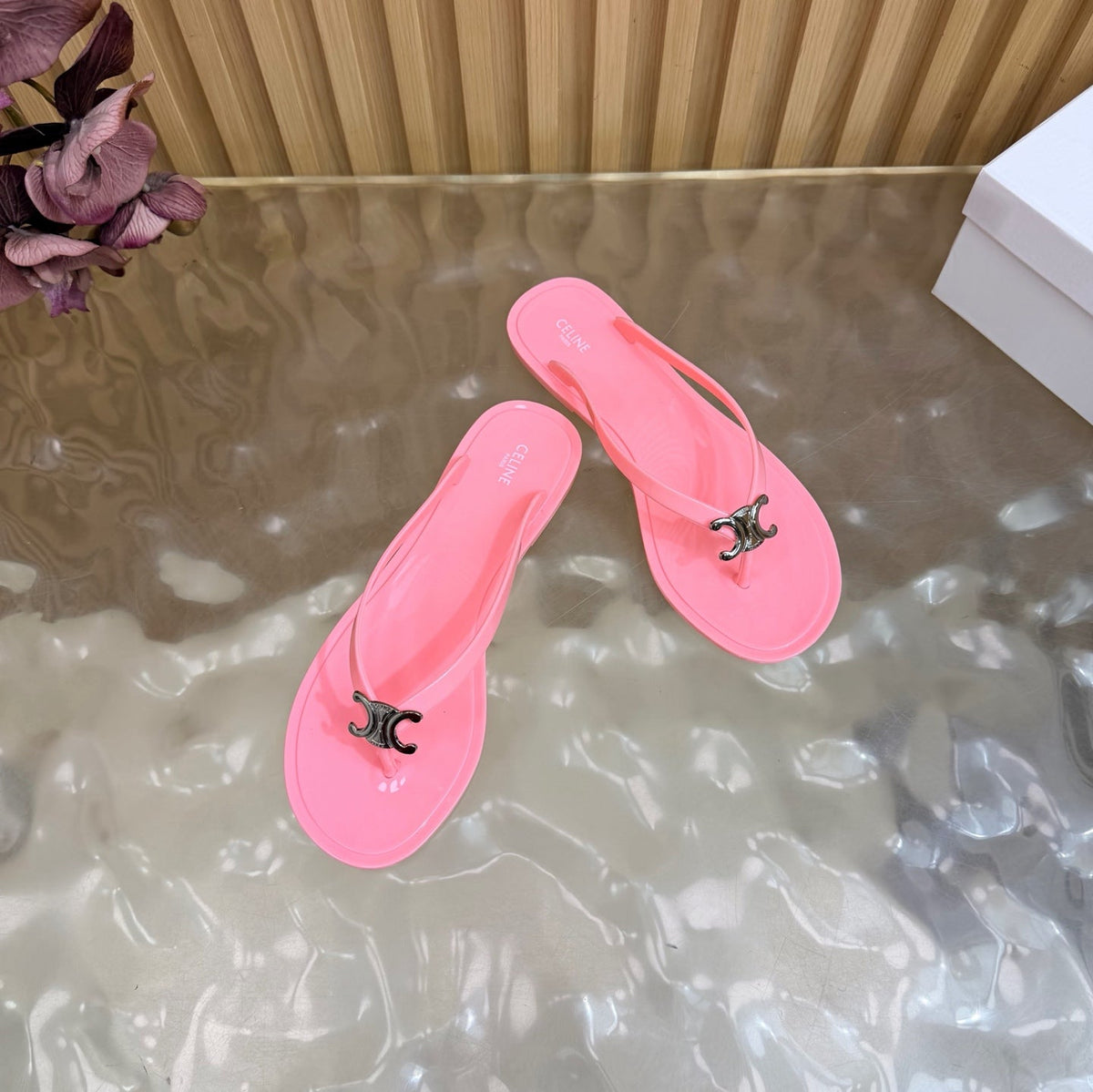 Celine 26s Triomphe Thong Sandals Pink TPU Silver Hardware 158392