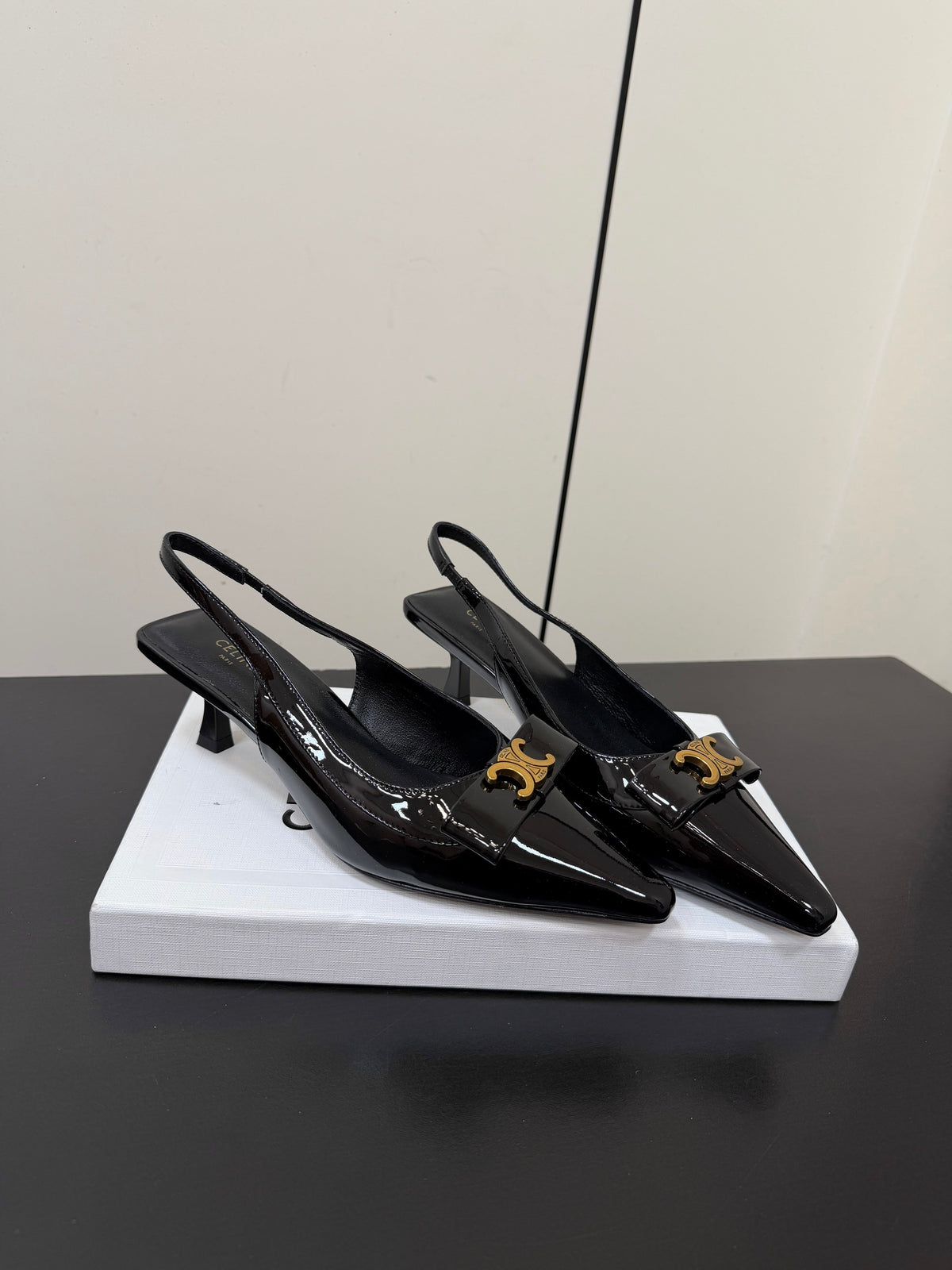 Celine 26s Triomphe Slingback Pumps In Black Patent Calfskin Gold Hardware