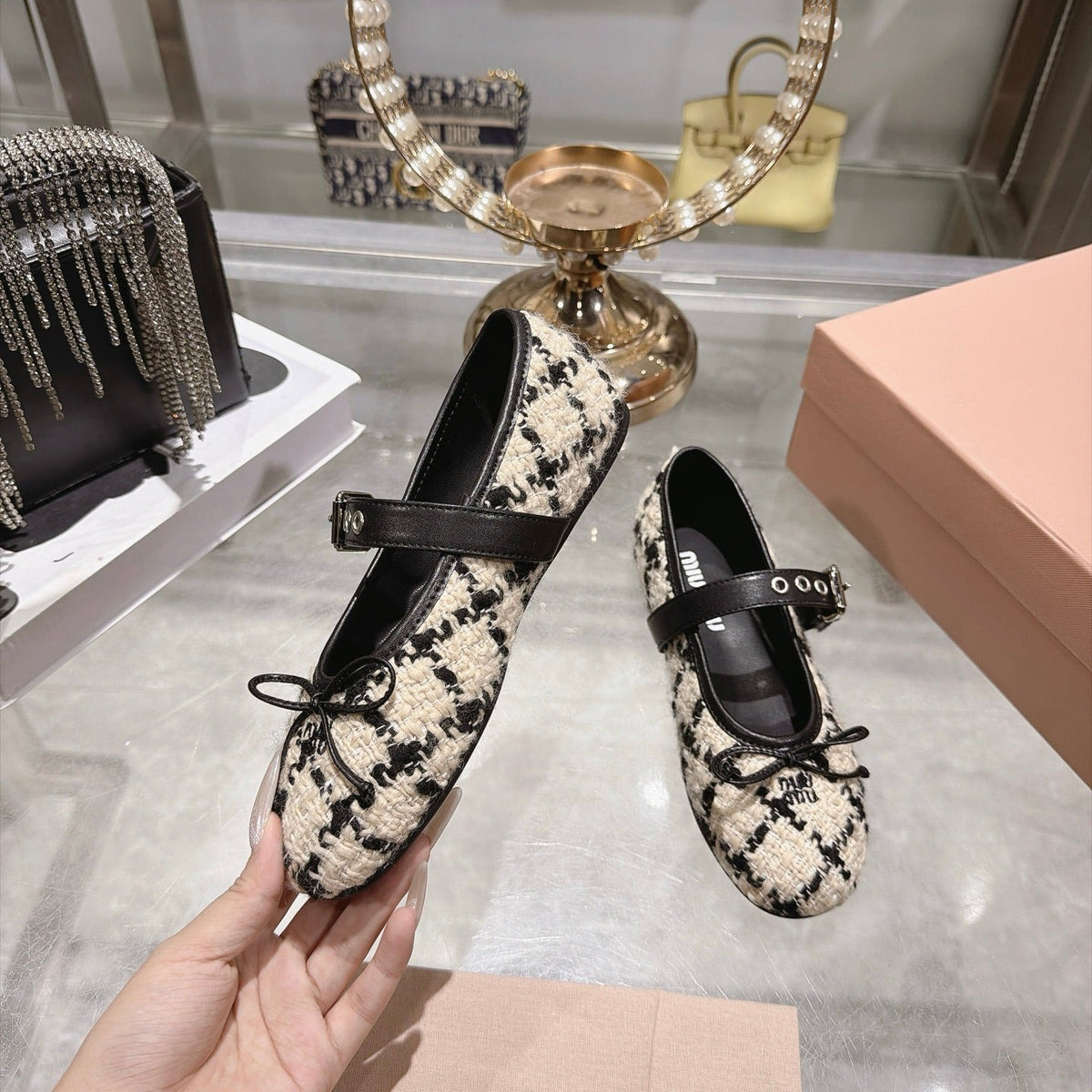 Miumiu 26S Mary Jane Flats Black And Beige Tweed Fabric