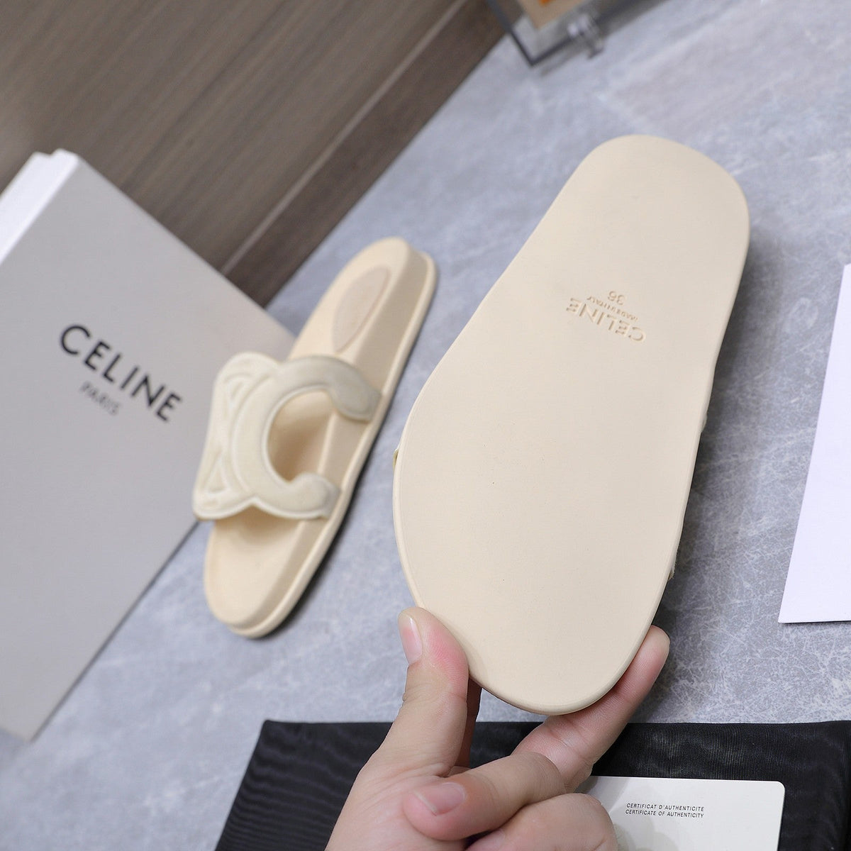 Celine 26s Triomphe Slides Cream White Suede 247058