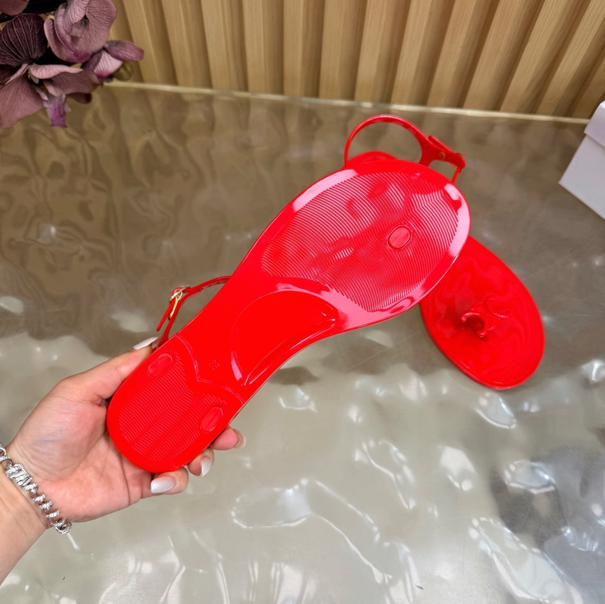 Celine 26s Triomphe Jelly Thong Sandals Bright Red TPU Gold Hardware 742519