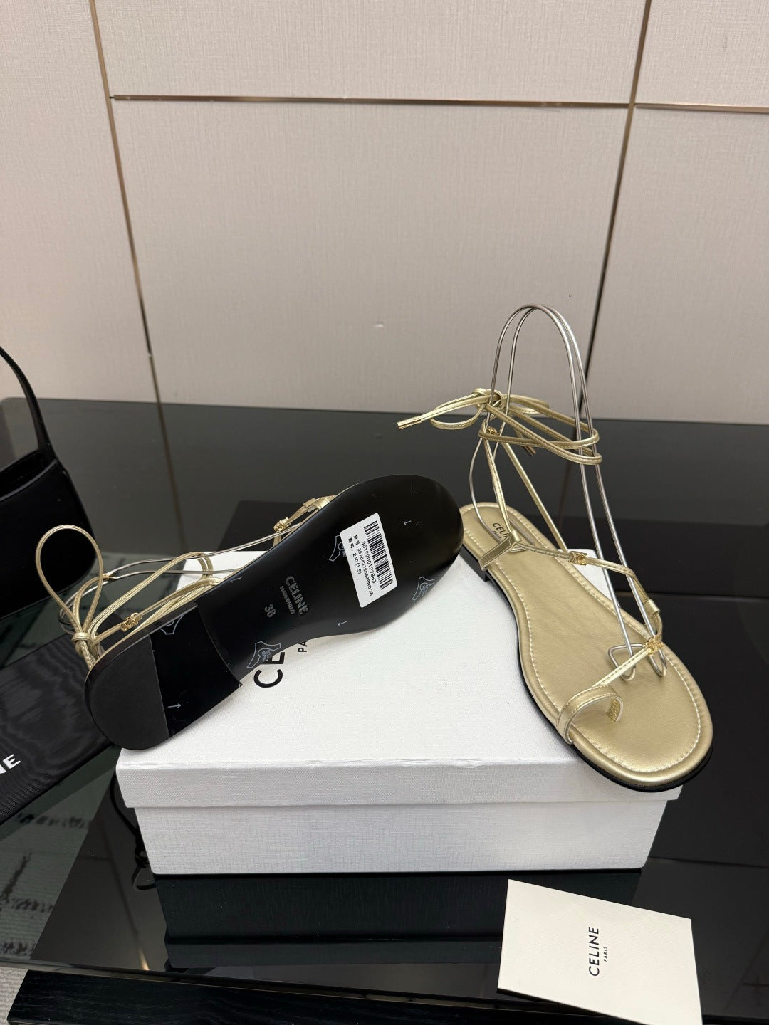 Celine 26s Triomphe Lace Up Flat Sandals Gold Calfskin 538194