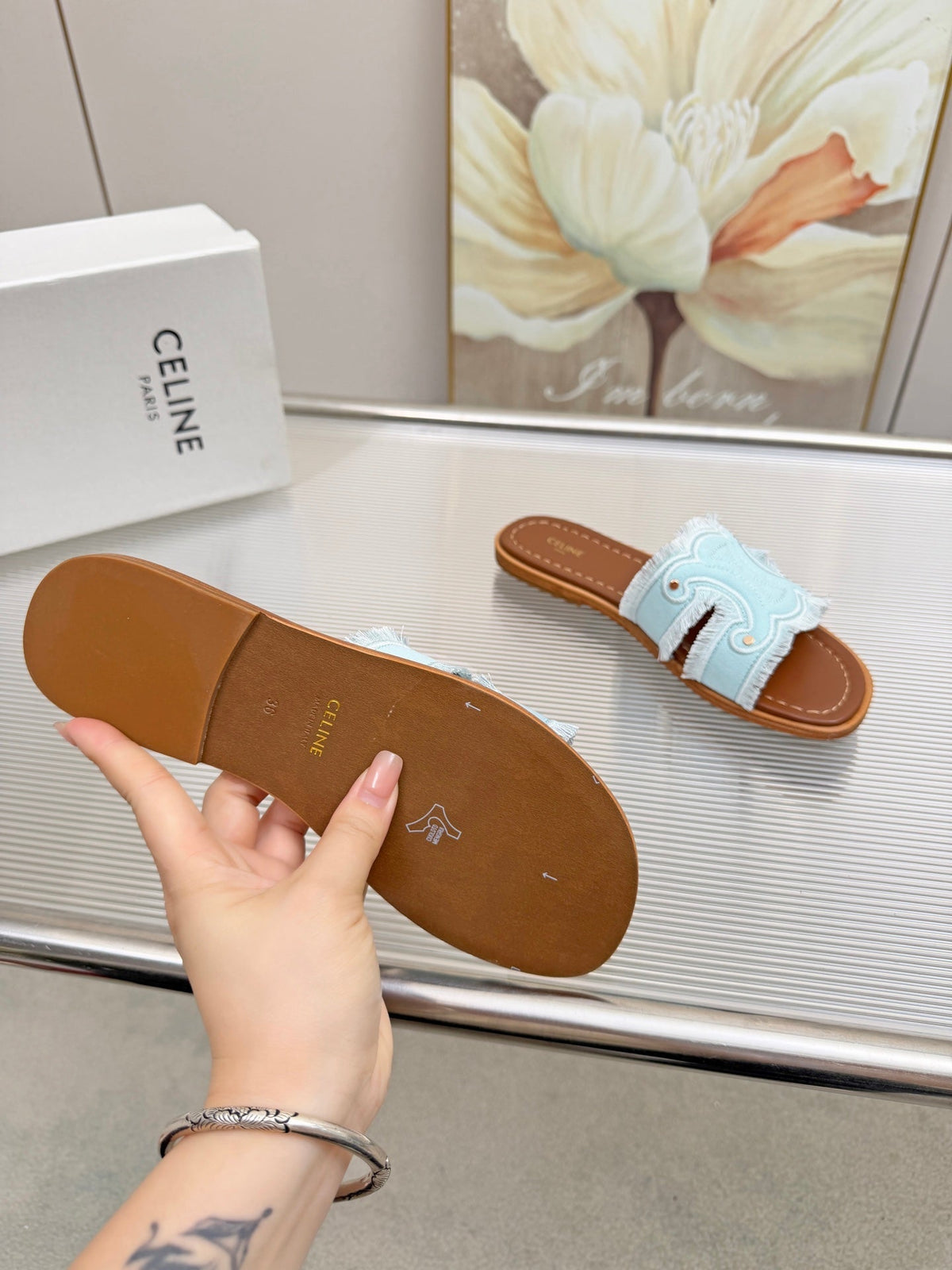 Celine 26s Triomphe Slide Sandals Sky Blue Canvas 514279