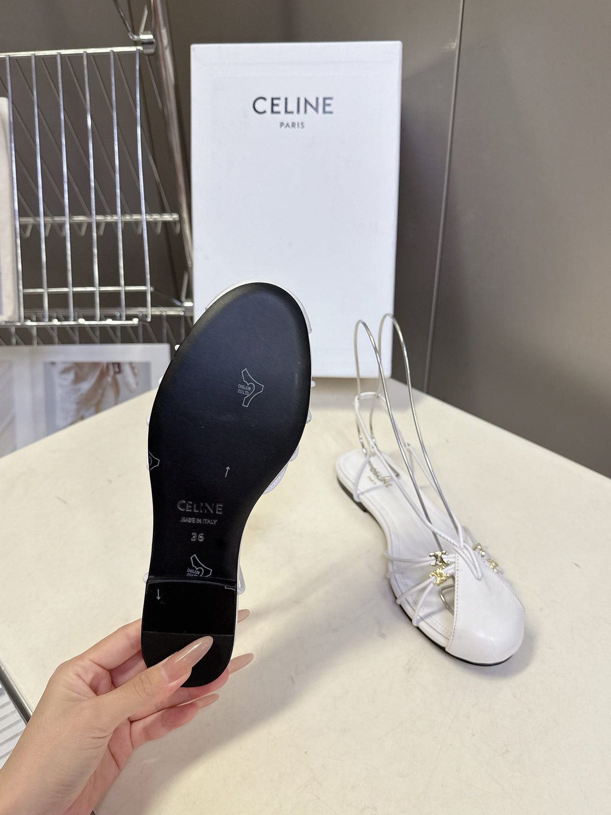 Celine 26s Triomphe Lace Up Ankle Strap Flat Sandals White Calfskin 851392