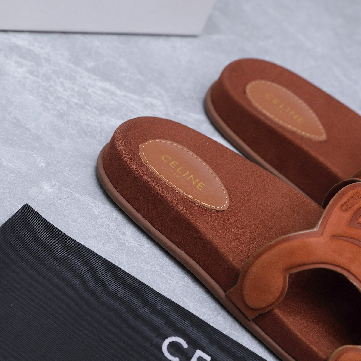 Celine 26s Triomphe Slides Cognac Brown Suede 915403