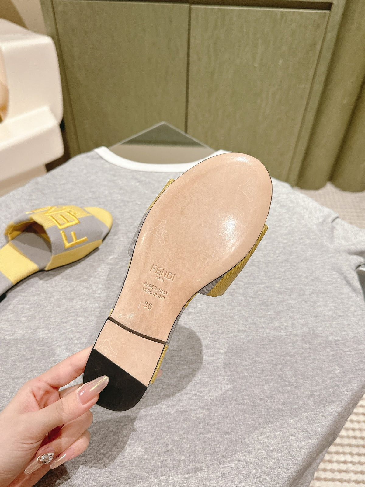 Fendi 26S Slide Sandals Yellow And Grey Canvas