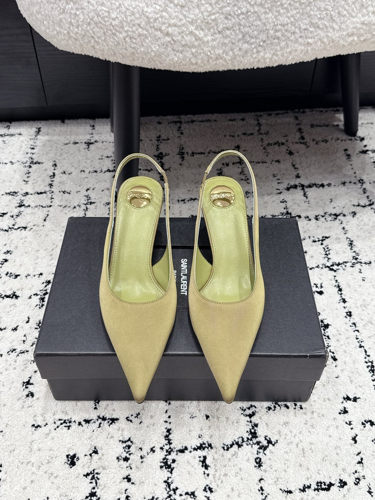 YSL 26S Slingback Pumps 6cm Olive Green Satin