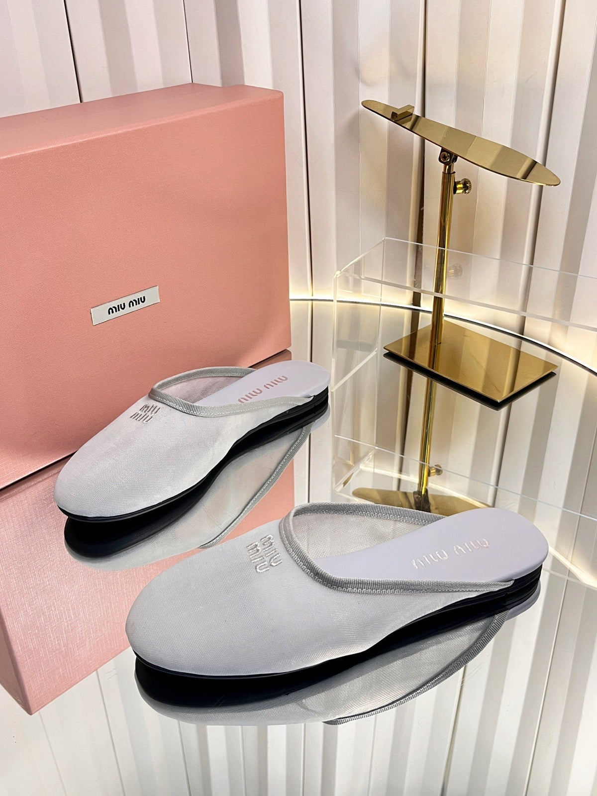 Miumiu 26S Flat Mules Grey Fabric And Leather