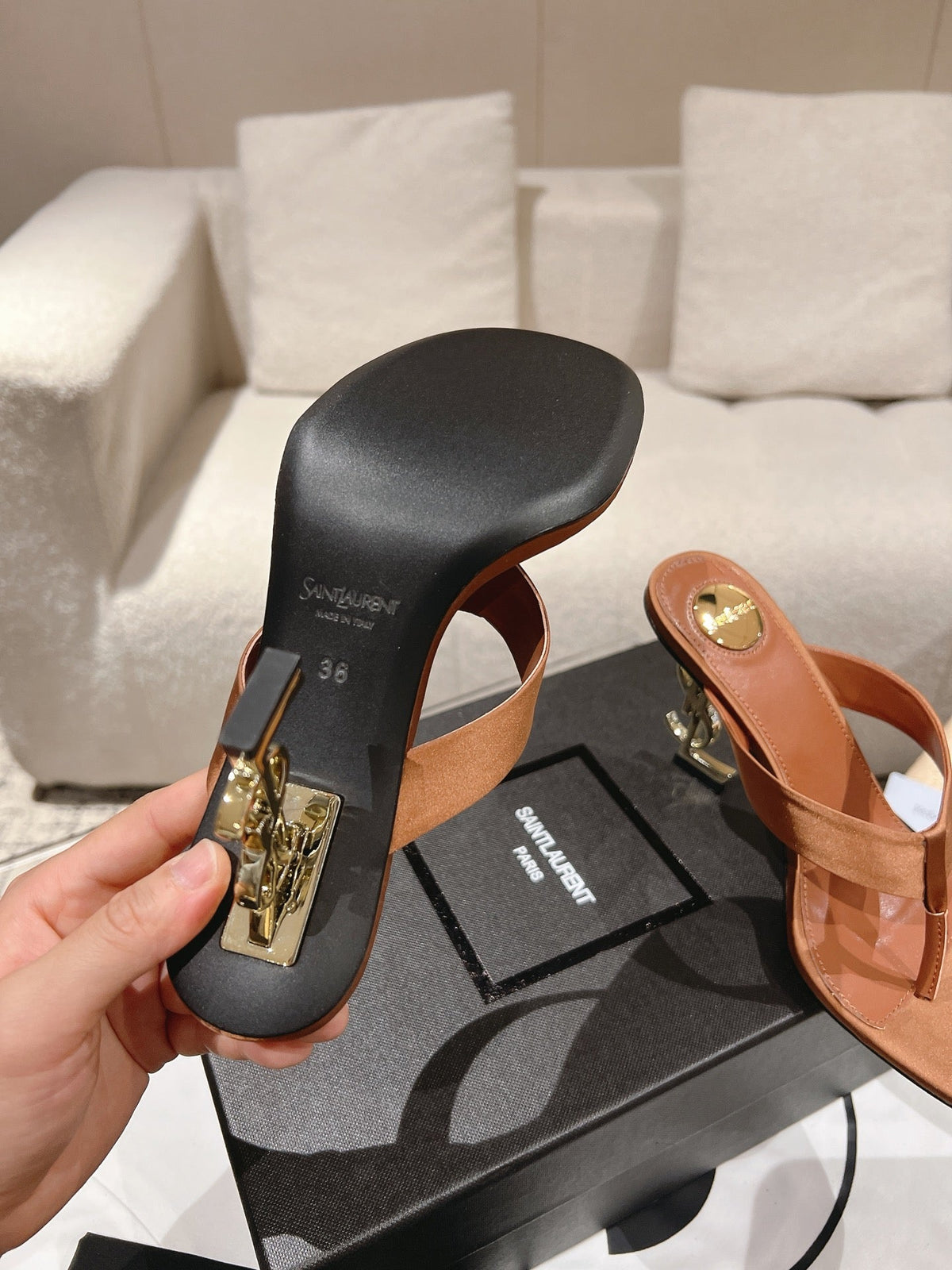 YSL 26S Heeled Thong Sandals 8.5cm Tan Brown Satin