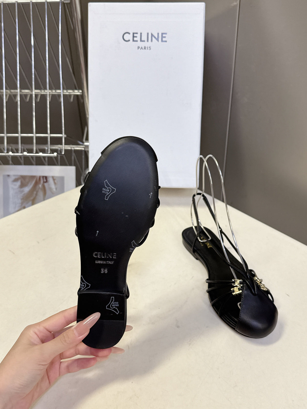 Celine 26s Triomphe Lace Up Ankle Strap Flat Sandals Black Calfskin 416952