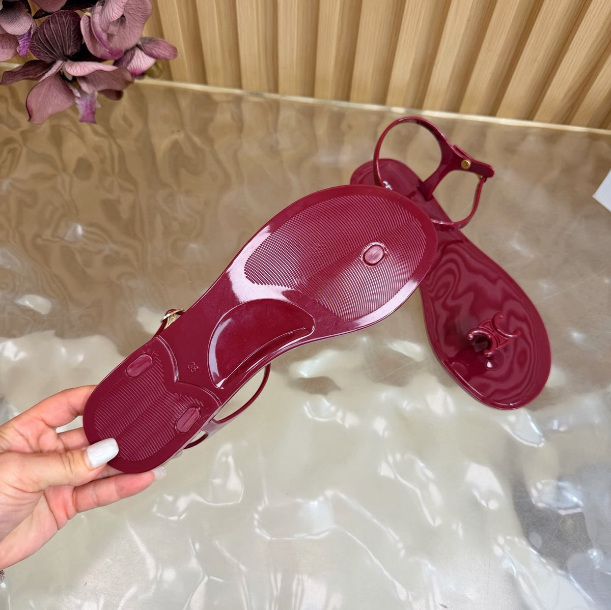 Celine 26s Triomphe Jelly Thong Sandals Burgundy Red TPU Gold Hardware 835219