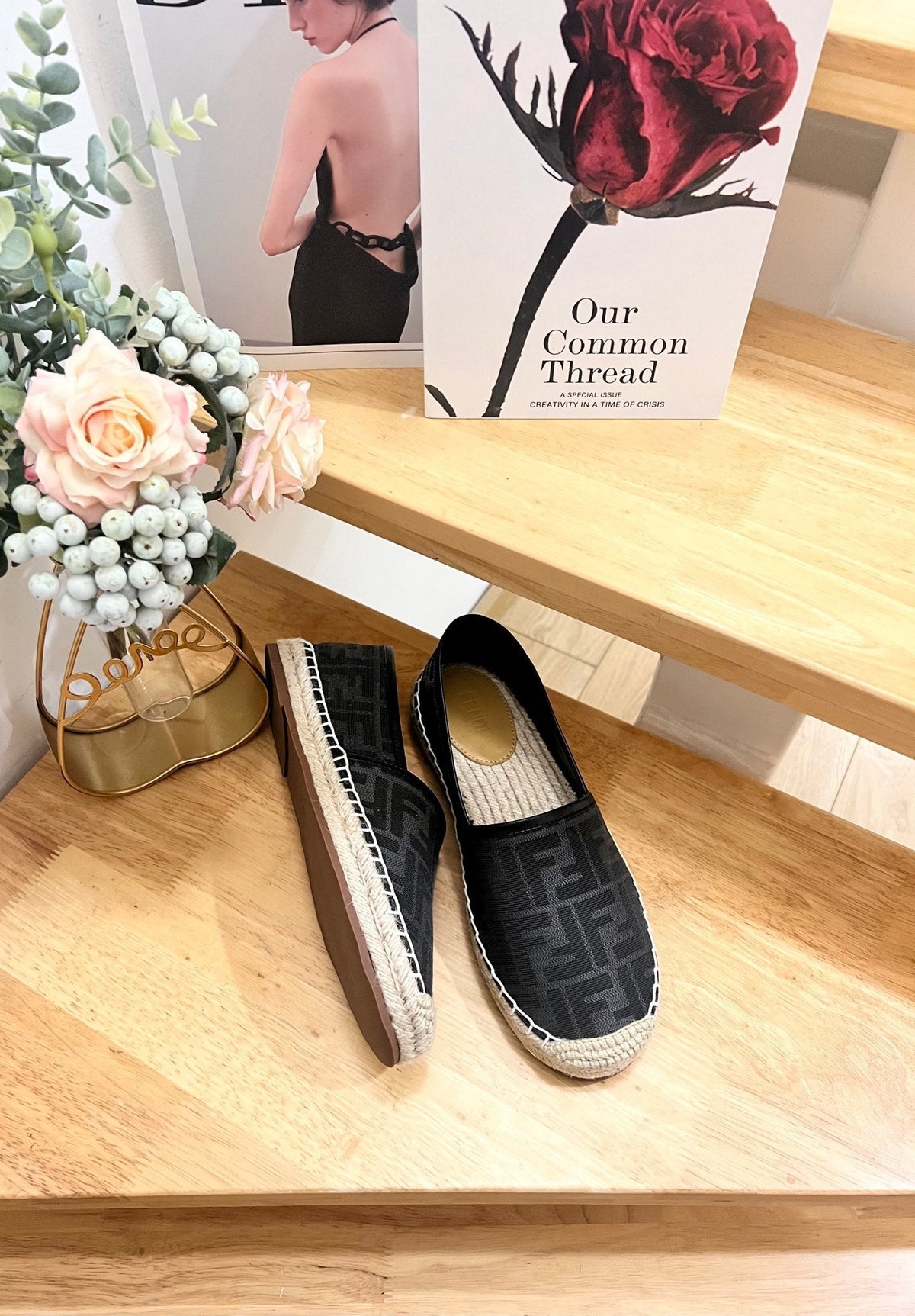 Fendi 26S Espadrille Loafers Black Canvas Style 5