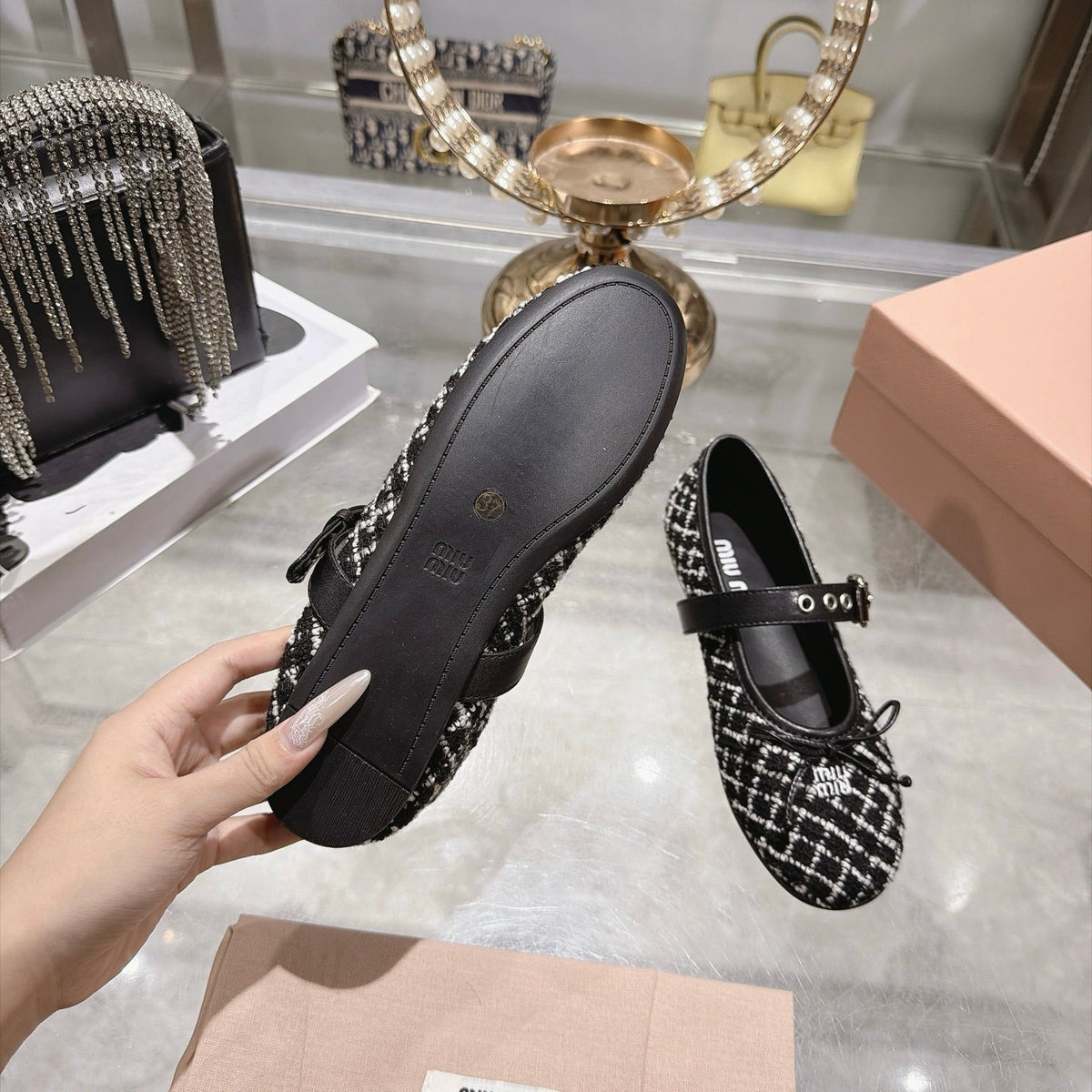 Miumiu 26S Mary Jane Flats Black And White Tweed Fabric