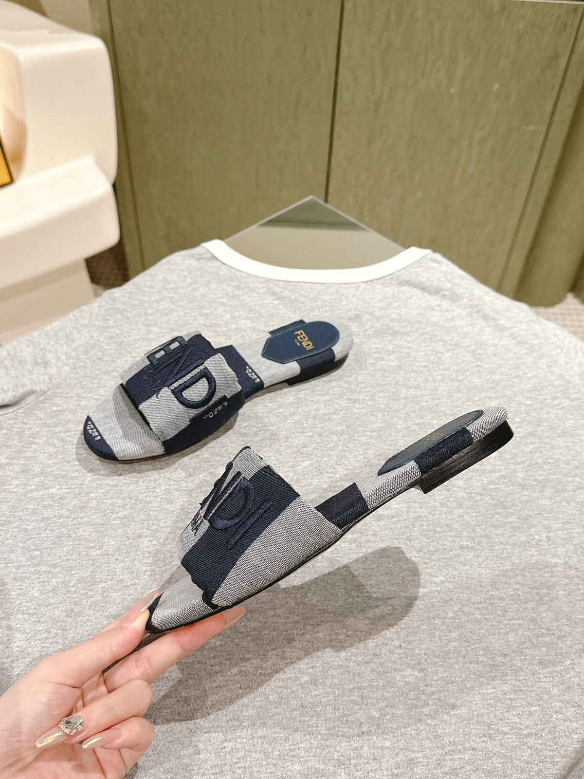 Fendi 26S Slide Sandals Dark Blue And Grey Canvas