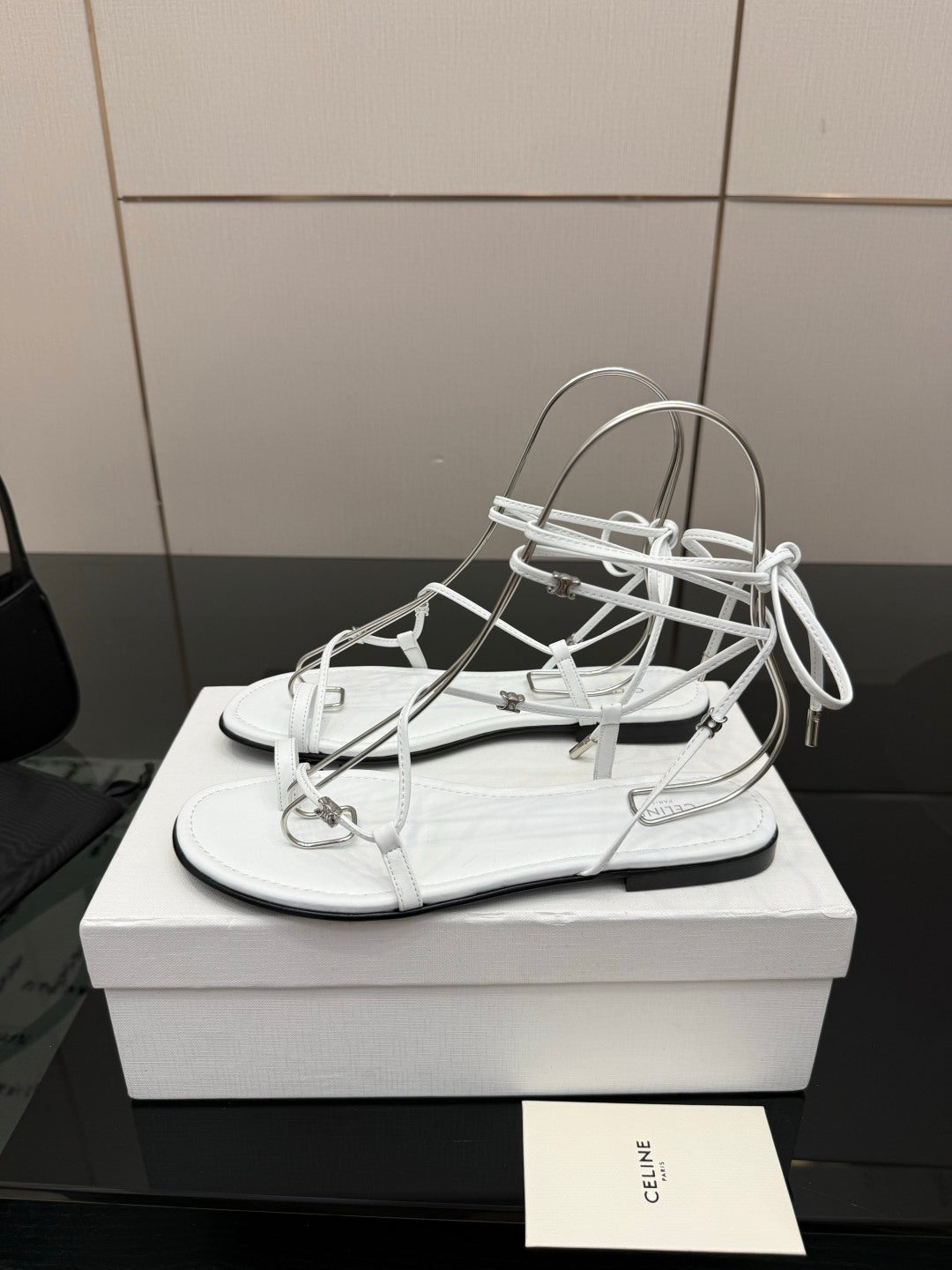 Celine 26s Triomphe Lace Up Flat Sandals White Calfskin 291483
