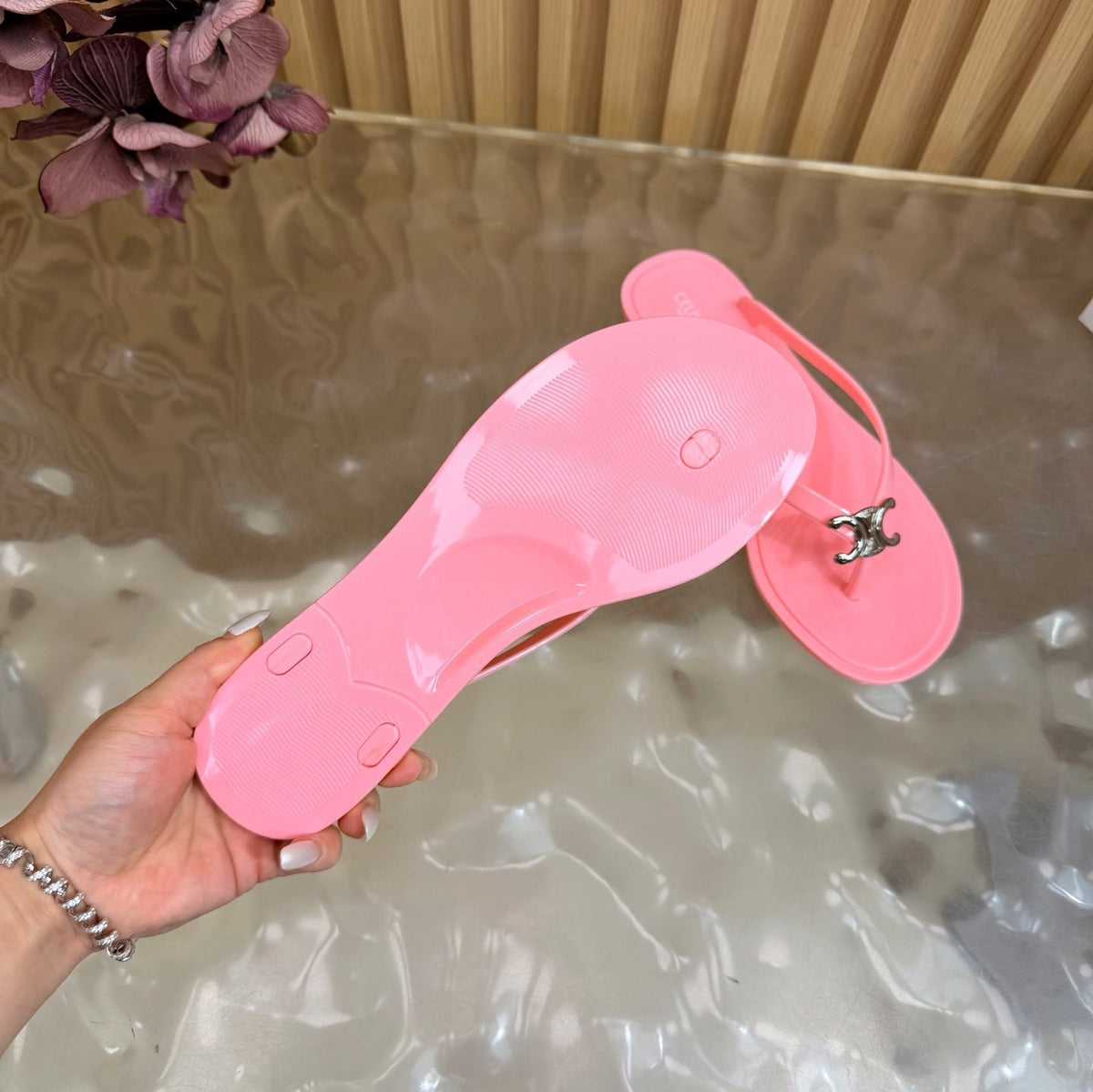 Celine 26s Triomphe Thong Sandals Pink TPU Silver Hardware 158392