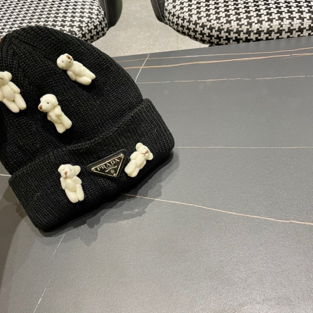Prad 26FW Double-Layer Knit Beanie Bear Design Knitted Wool 552005