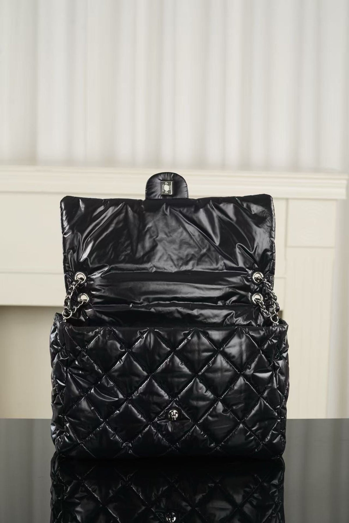 CC 26FW Coco Neige Maxi Flap Bag 38cm Black Glossy Nylon