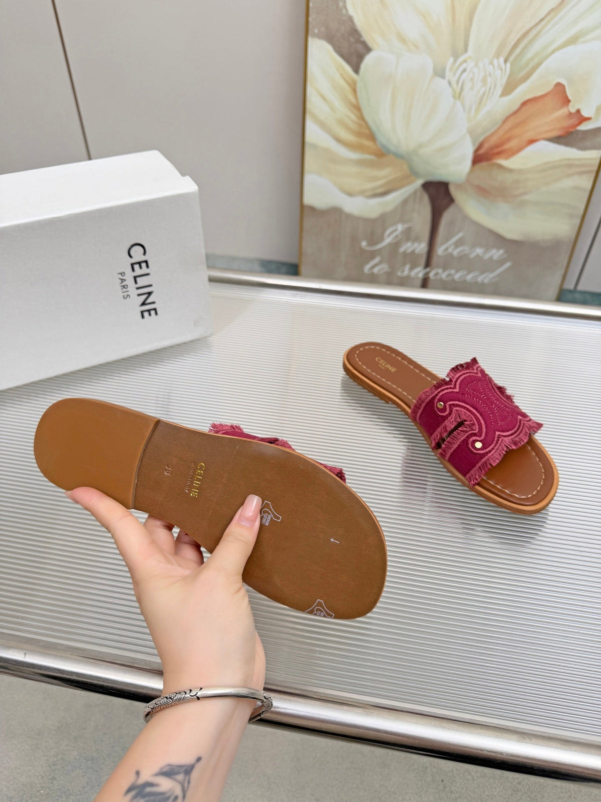 Celine 26s Triomphe Slide Sandals Berry Pink Canvas 415832