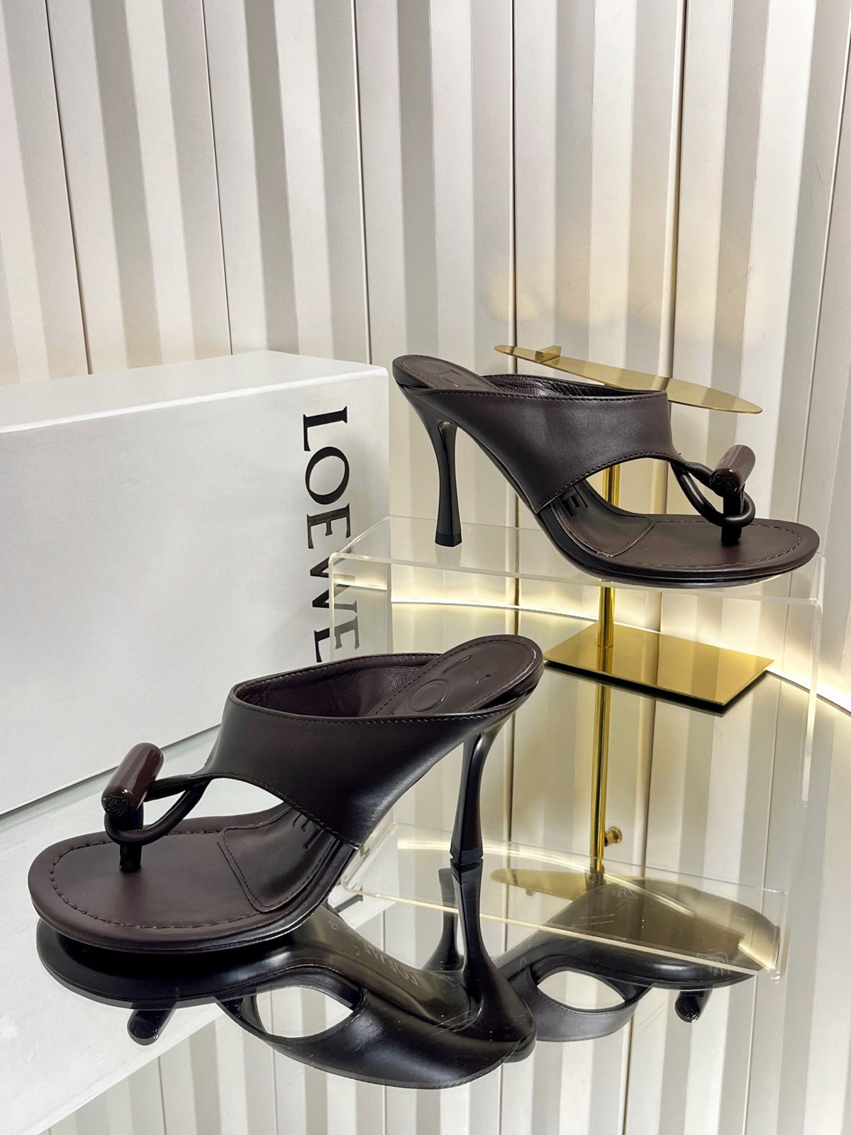 Loewe 26S Heeled Thong Sandals 90 mm In Dark Brown Calfskin