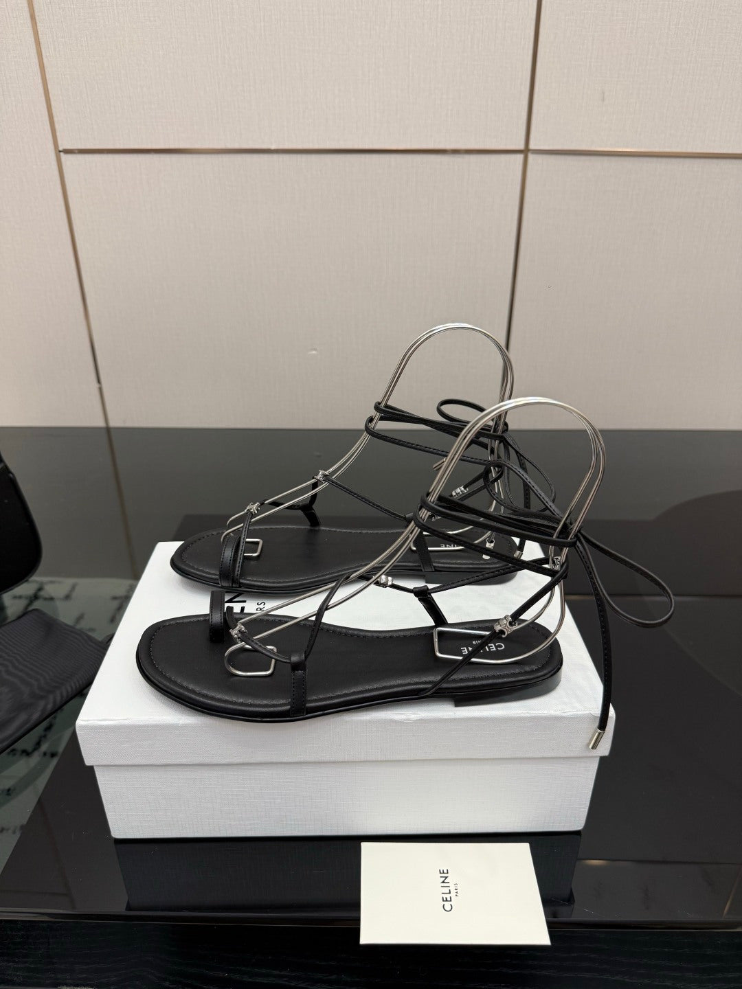 Celine 26s Triomphe Lace Up Flat Sandals Black Calfskin 852936