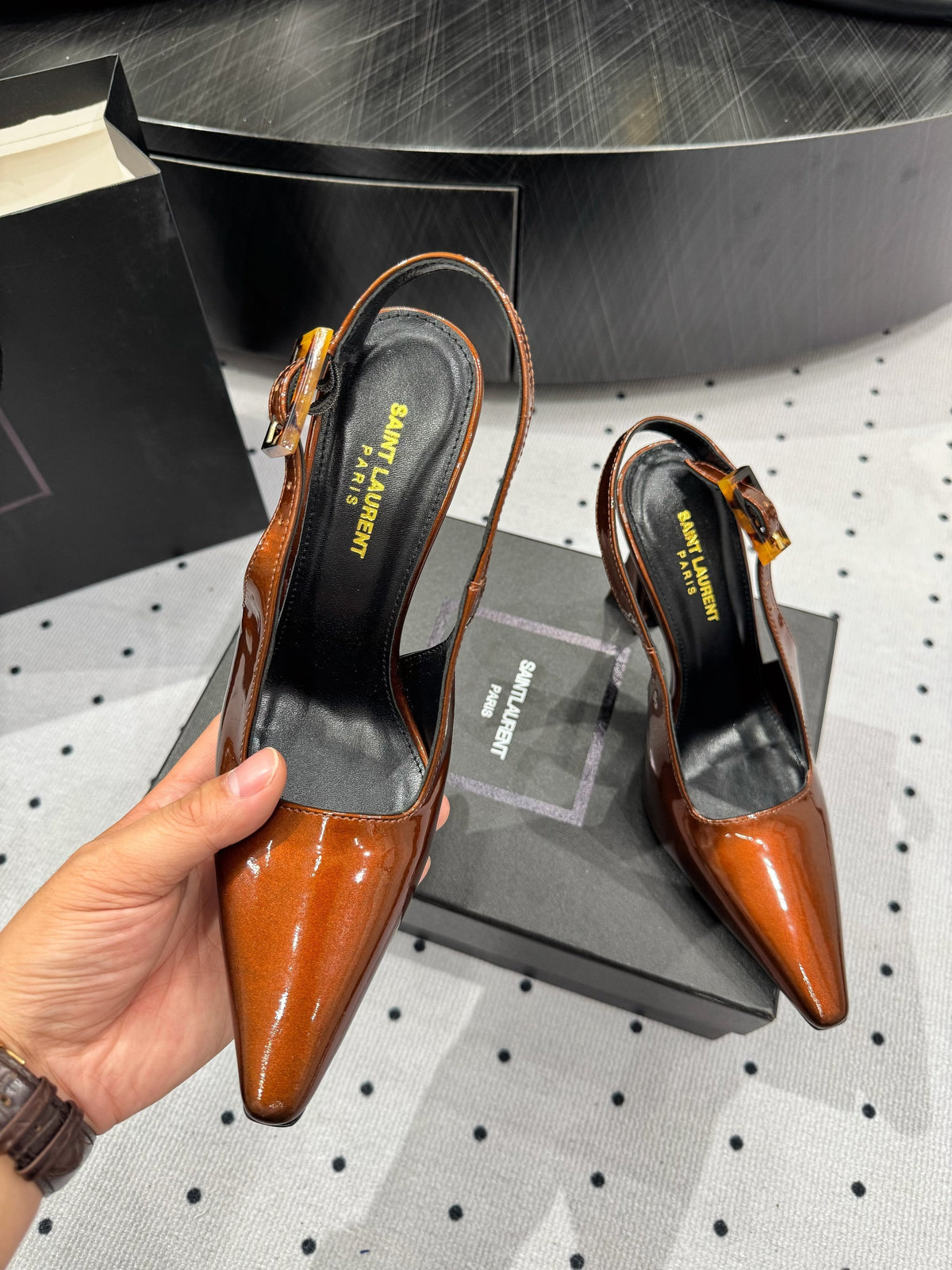 YSL 26S Slingback Heels 10.5cm Dark Orange Glossy Calfskin With Buckle Closure