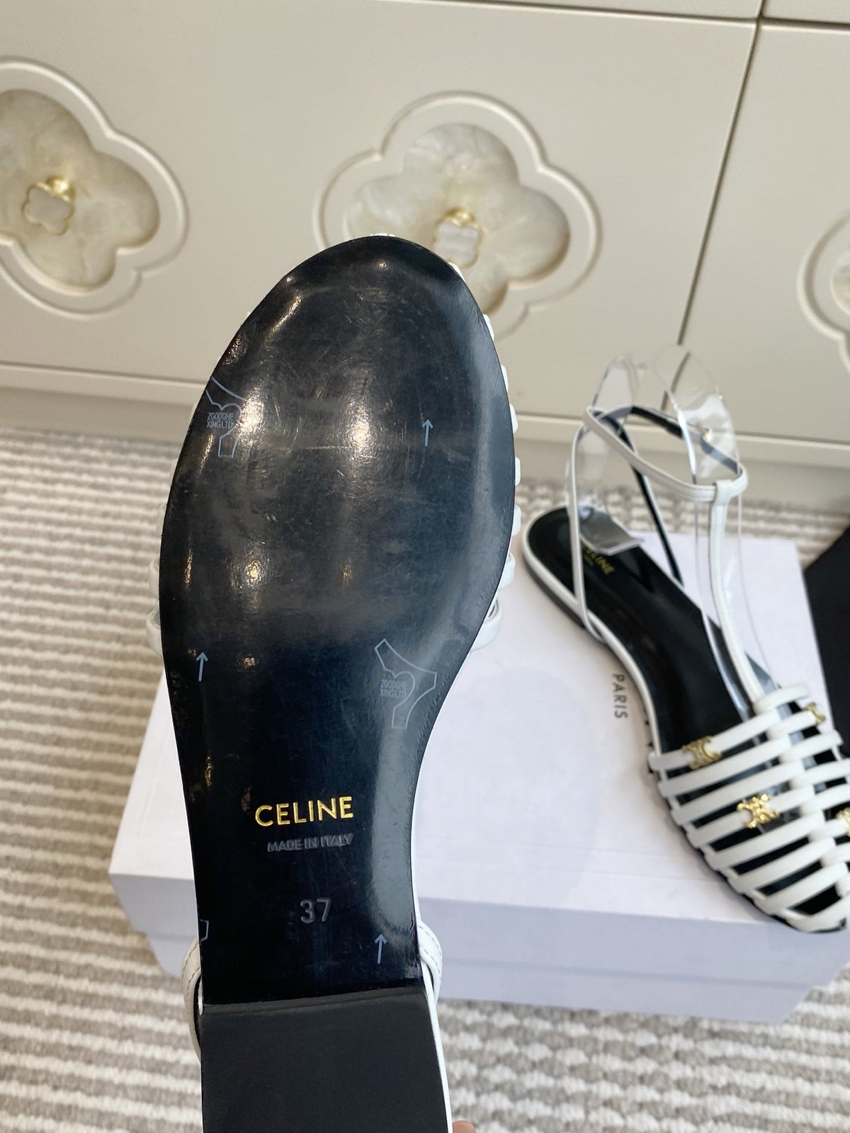 Celine 26s Clea Triomphe Gladiator Sandals White Lambskin 481395