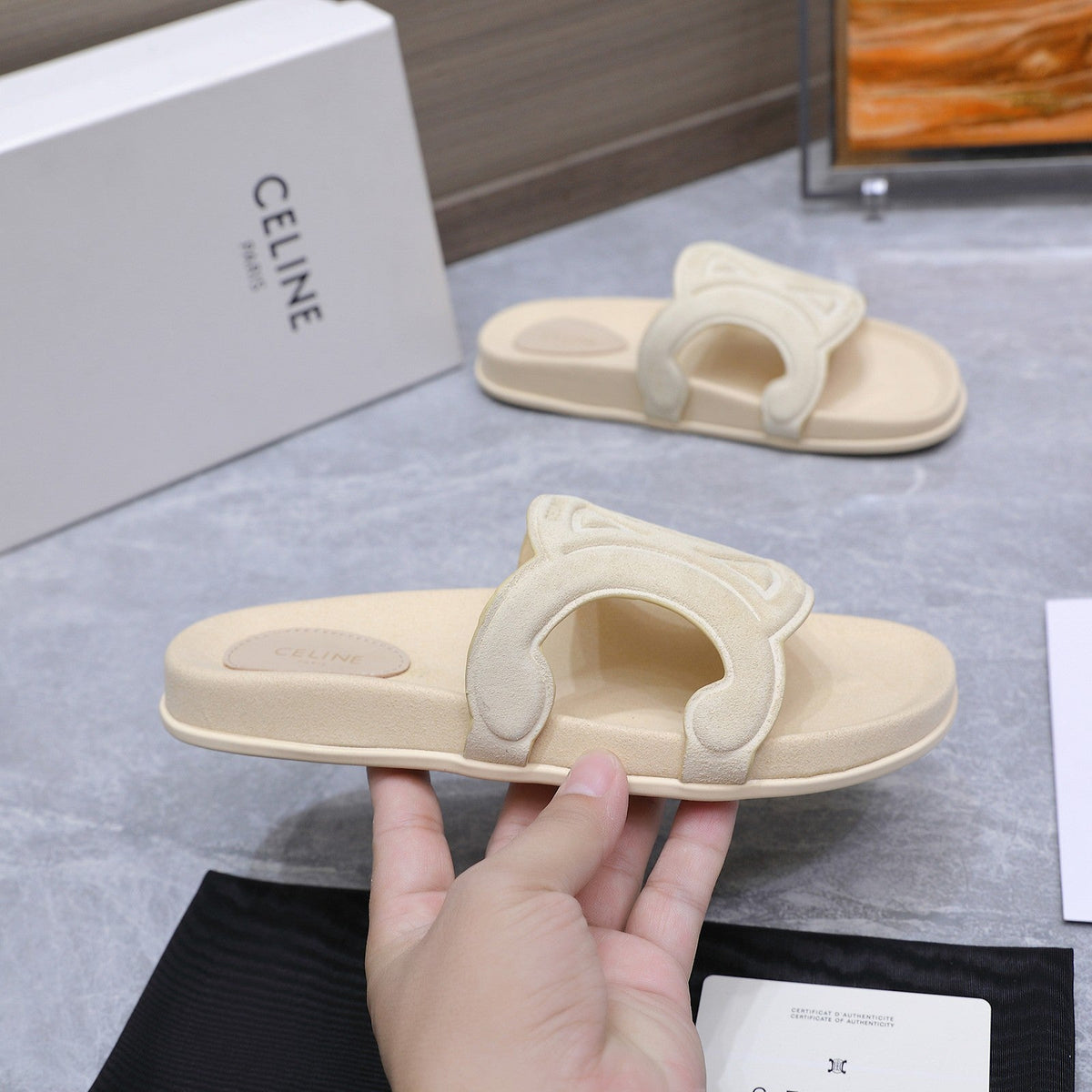 Celine 26s Triomphe Slides Cream White Suede 247058