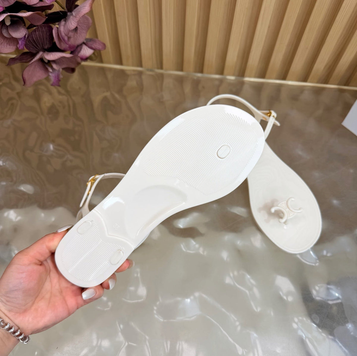 Celine 26s Triomphe Jelly Thong Sandals White TPU Gold Hardware 681427