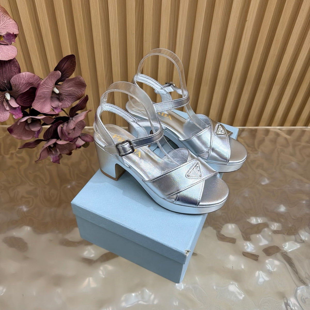 Prada 26S Block Heel Sandals 7.5cm Silver Calfskin
