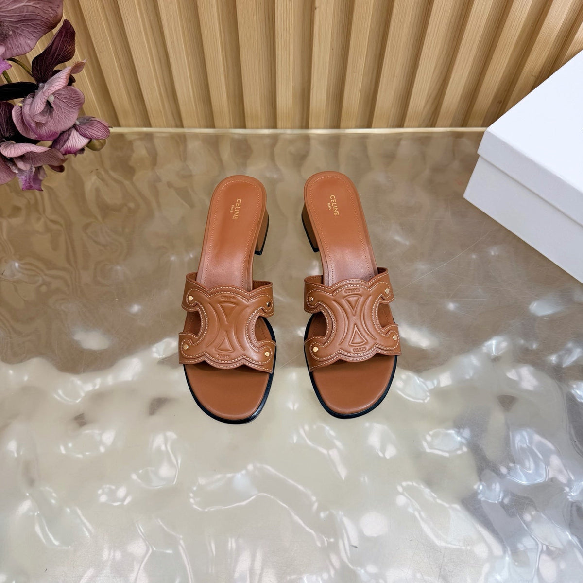 Celine 26s Triomphe Block Heel Mules In Cognac Brown Calfskin