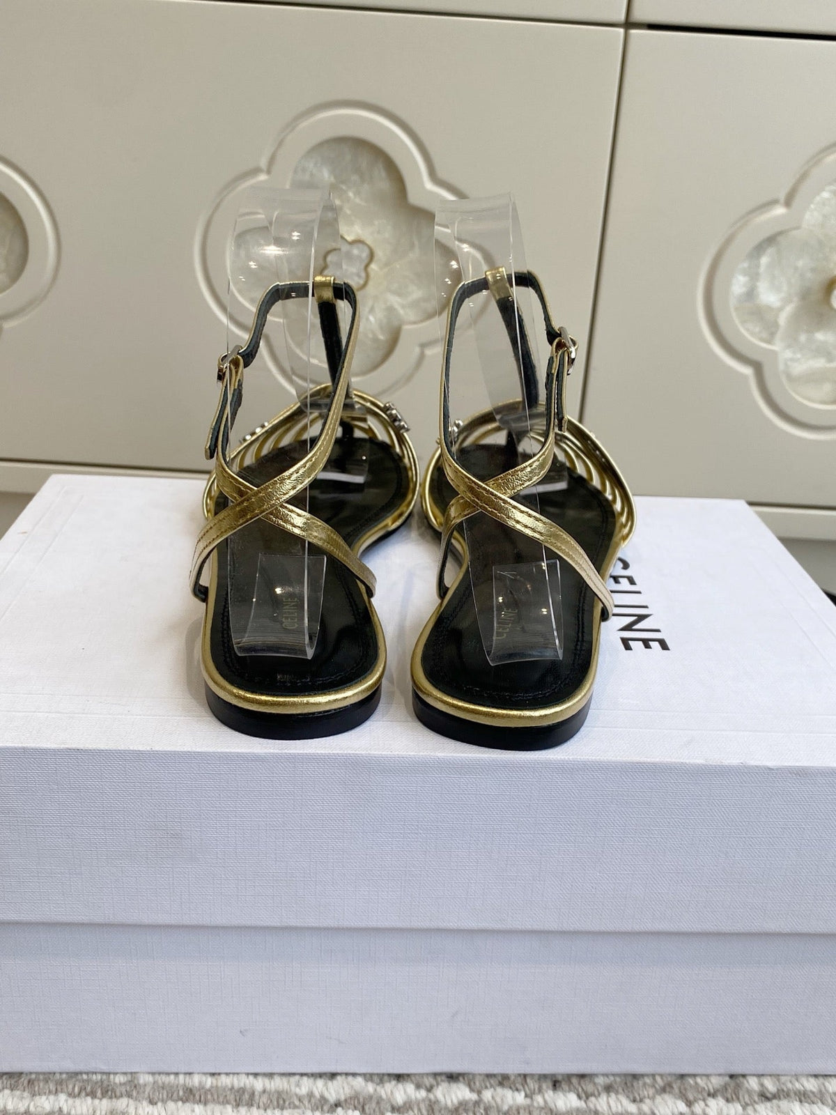 Celine 26s Clea Triomphe Gladiator Sandals Gold Lambskin 629148