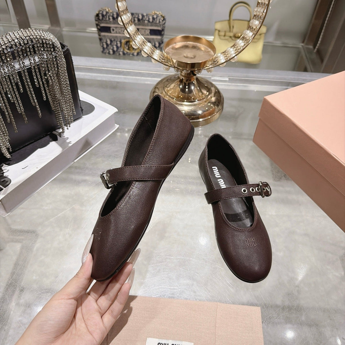 Miumiu 26S Mary Jane Flats Dark Brown Lambskin
