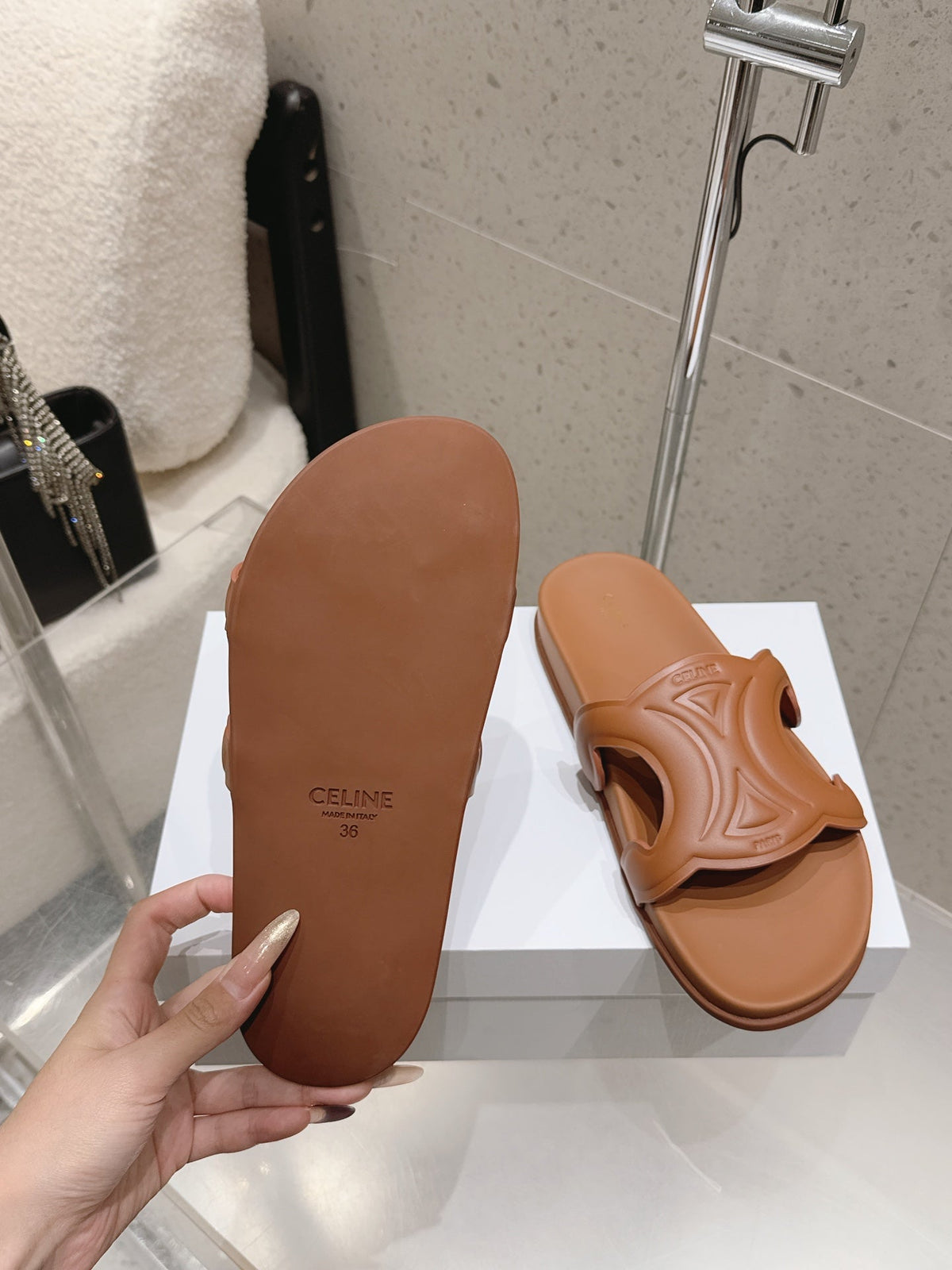 Celine 26s Triomphe Slides Brown Calfskin 394815