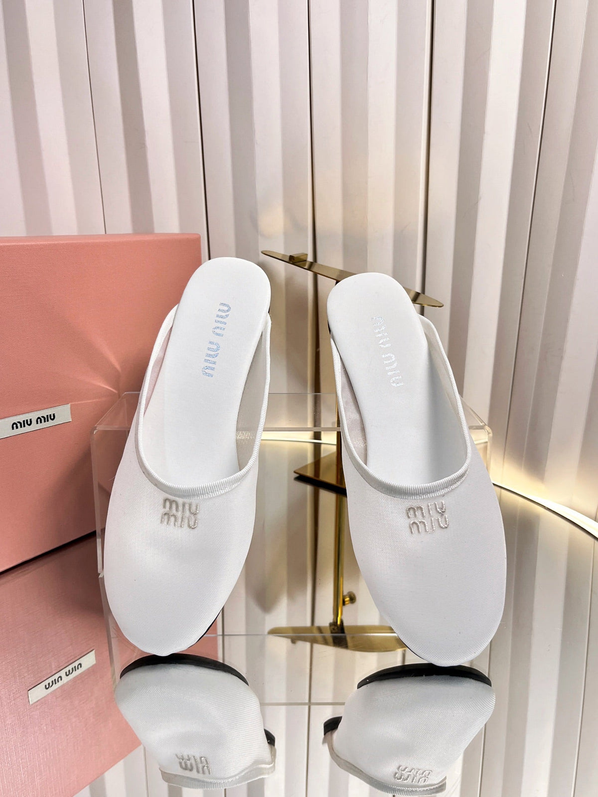 Miumiu 26S Flat Mules White Fabric And Leather