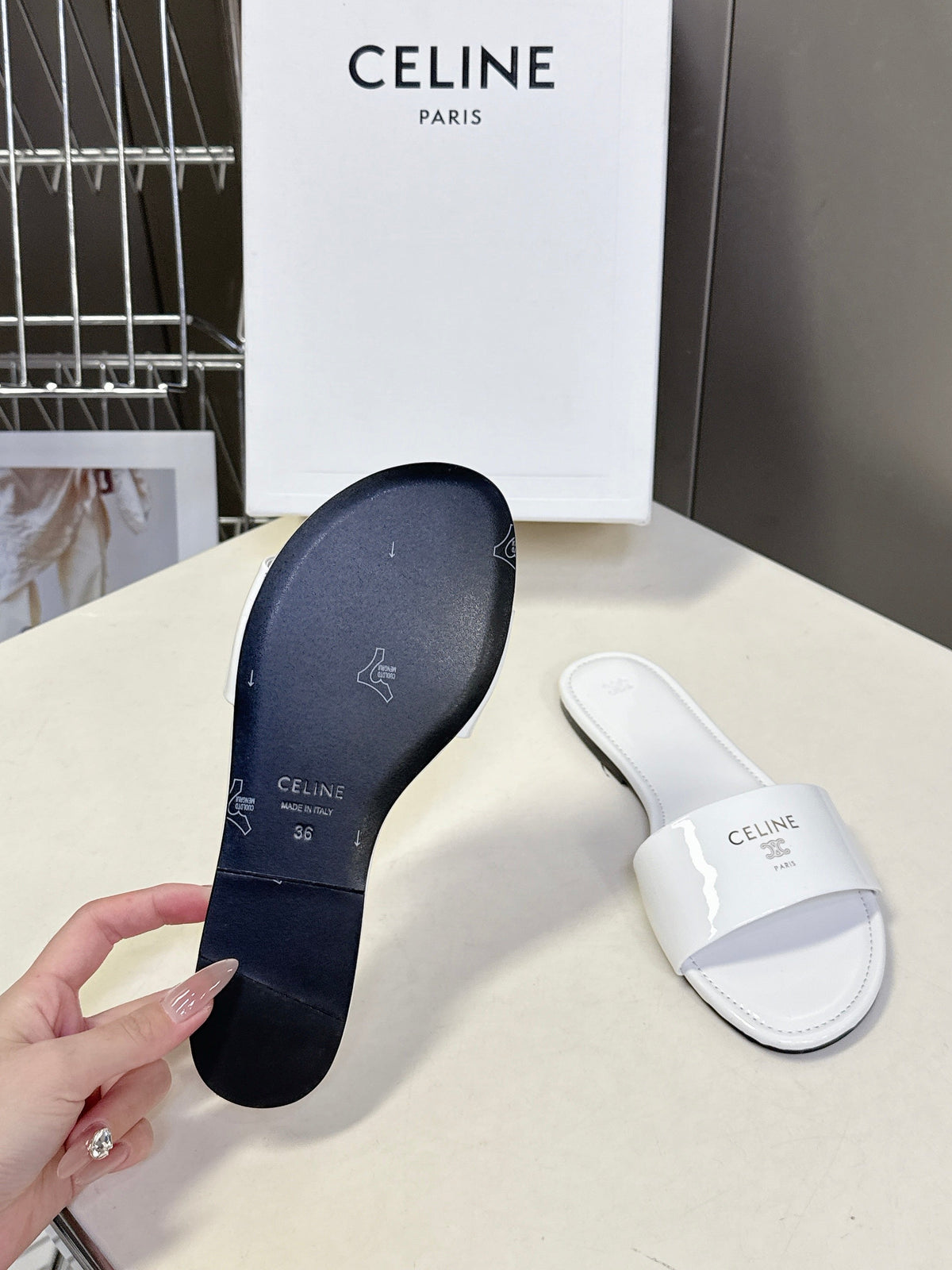 Celine 26s Flat Slides White Patent Lambskin 739512