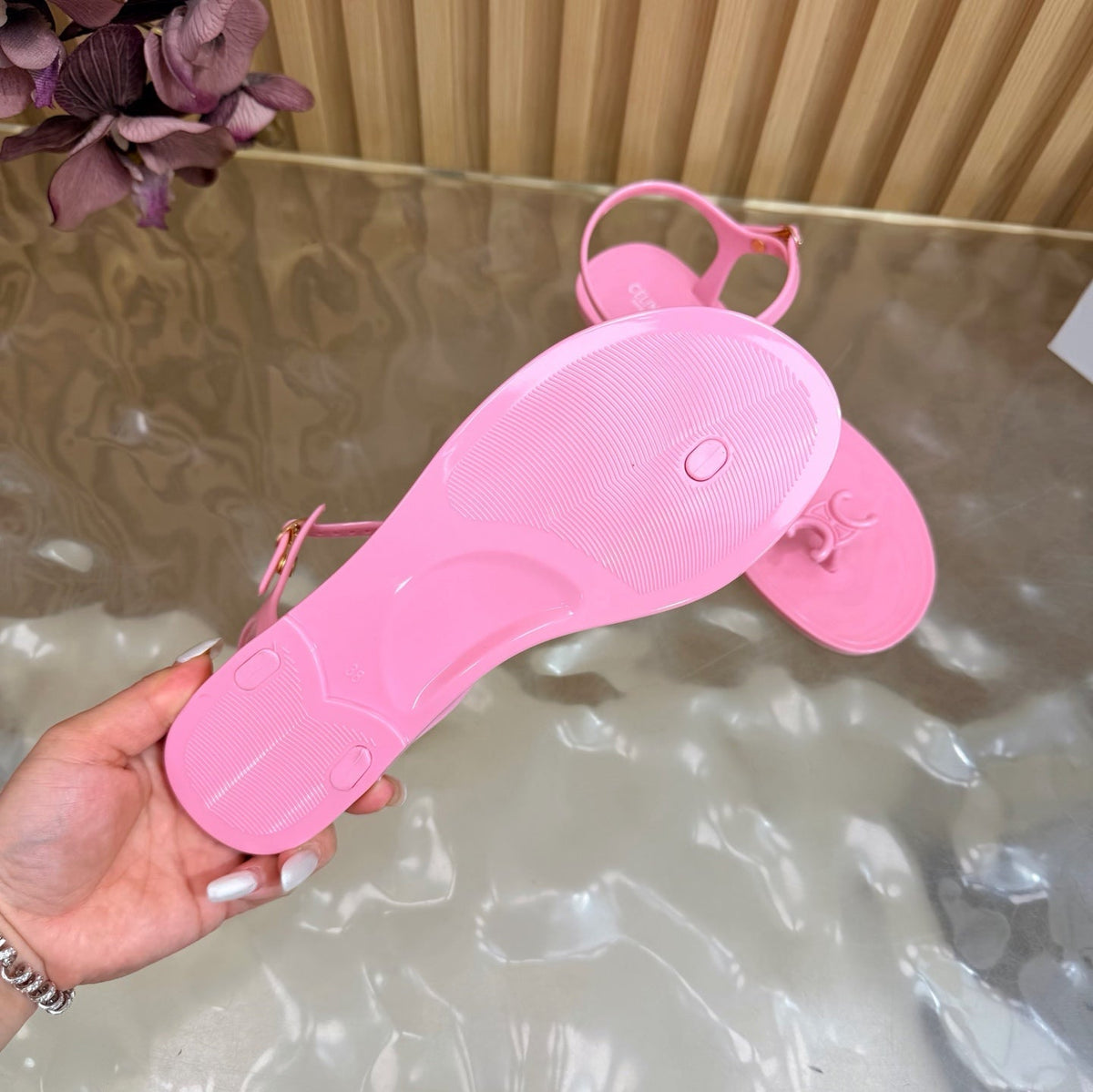 Celine 26s Triomphe Jelly Thong Sandals Pink TPU Gold Hardware 472195