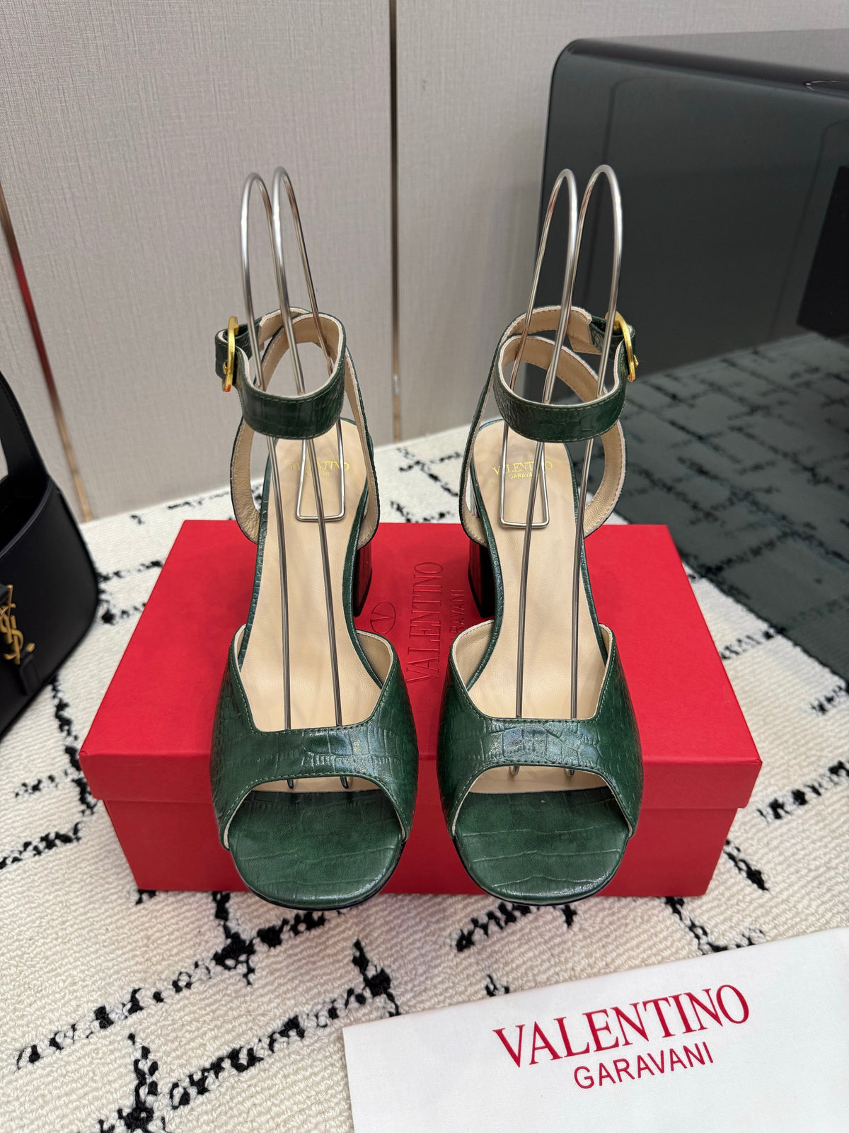 Valentino 26S Square Toe Ankle Strap Sandals In Dark Green Croc-Embossed Leather