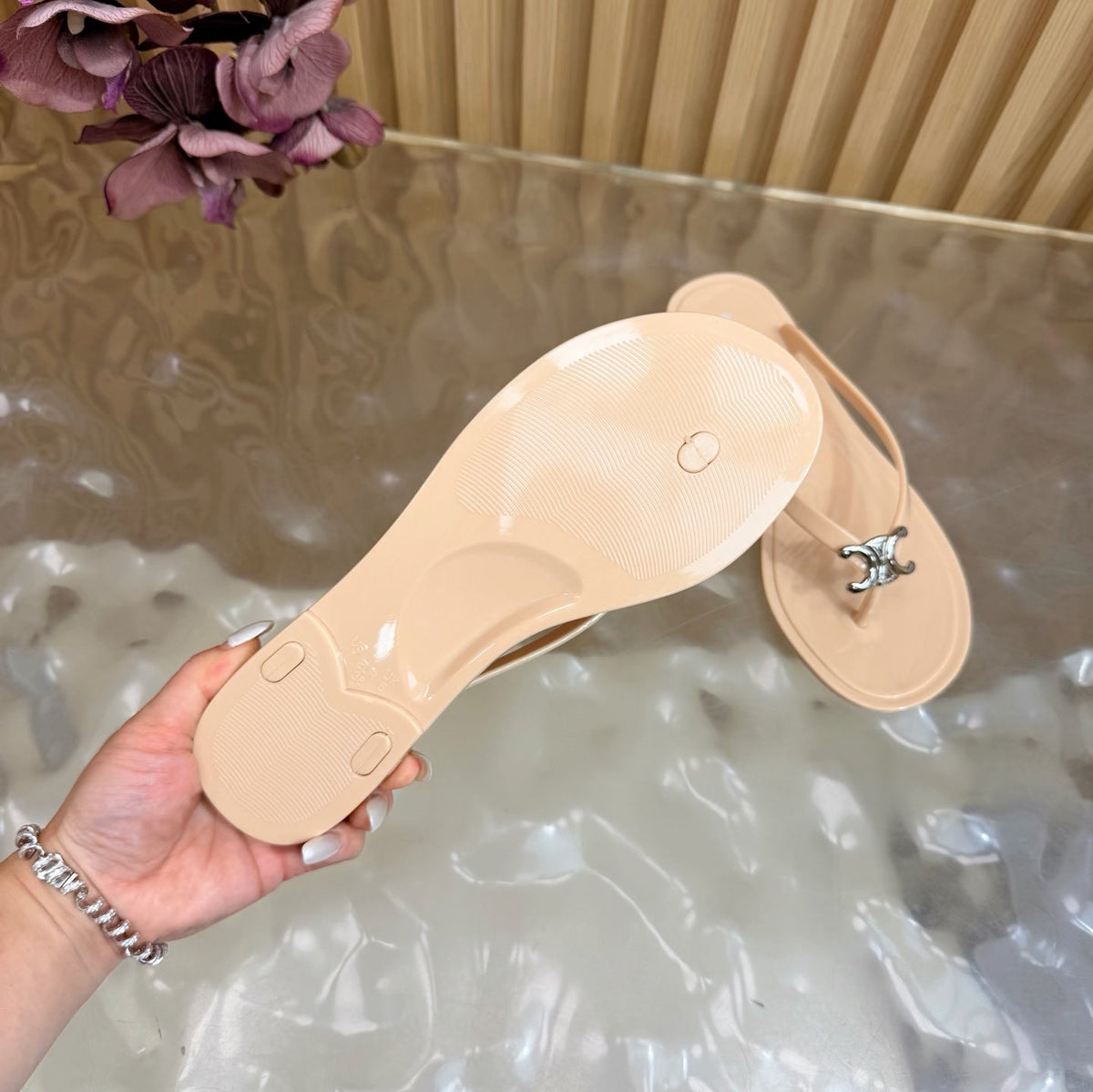 Celine 26s Triomphe Thong Sandals Nude Beige TPU Silver Hardware 249715