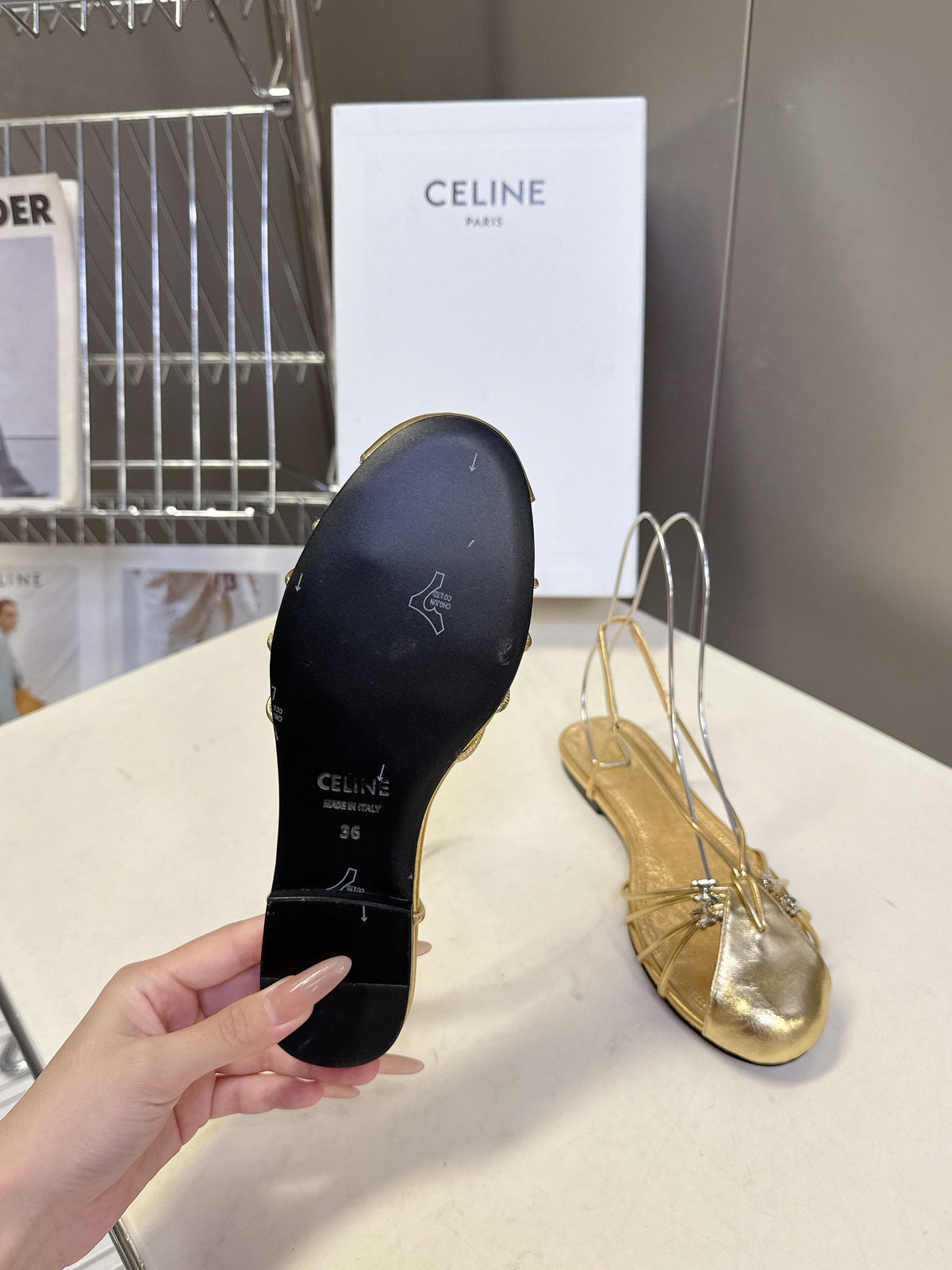 Celine 26s Triomphe Lace Up Ankle Strap Flat Sandals Gold Calfskin 395168
