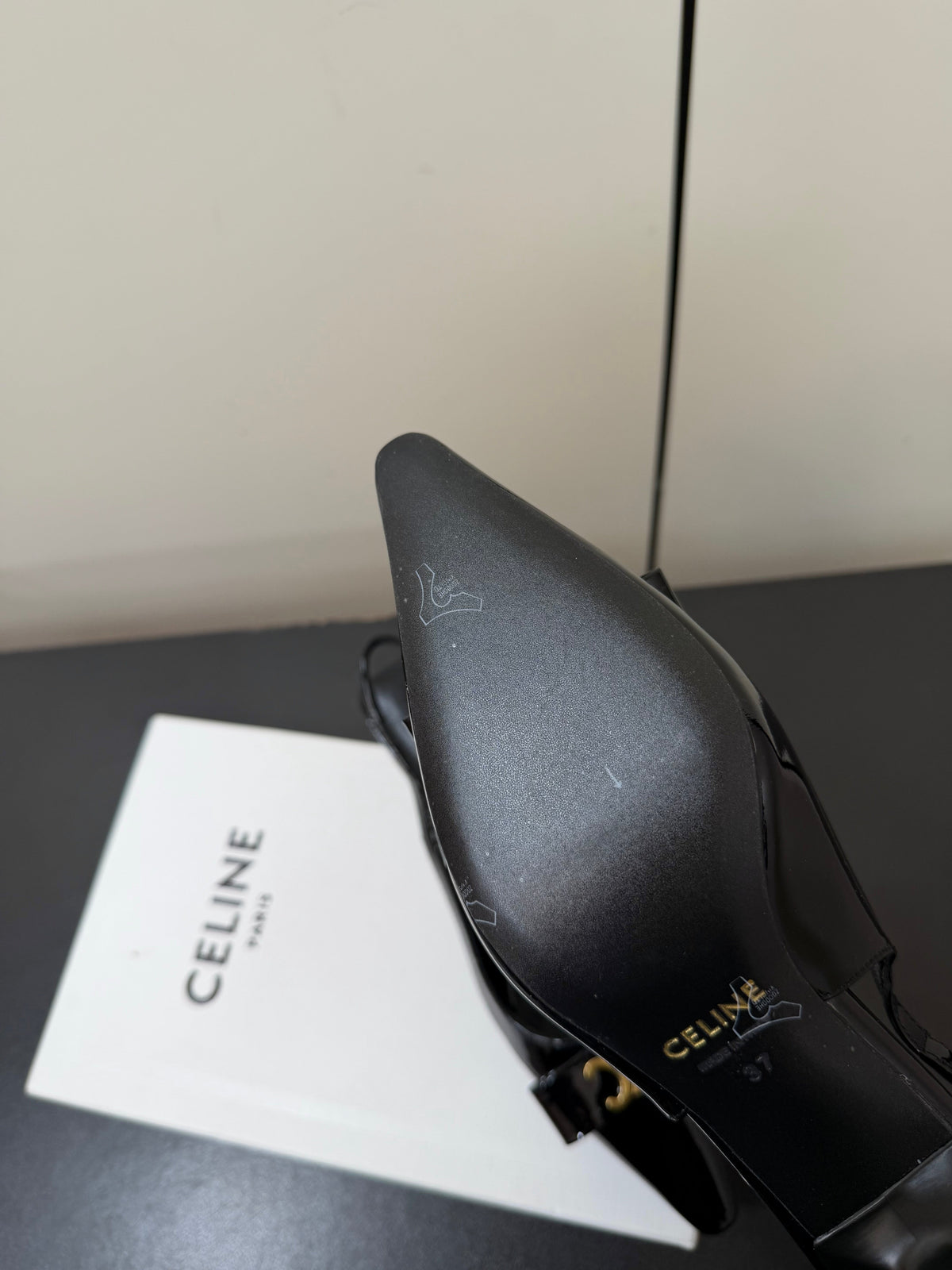 Celine 26s Triomphe Slingback Pumps In Black Patent Calfskin Gold Hardware