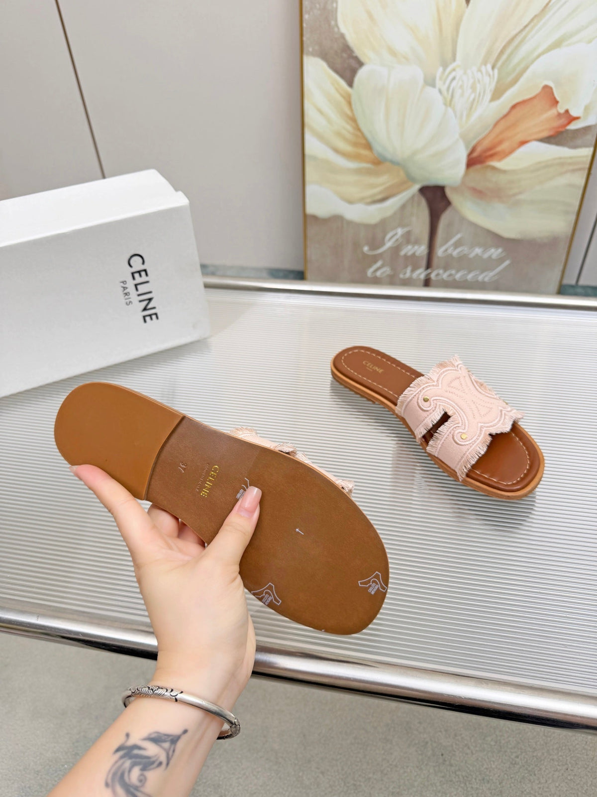 Celine 26s Triomphe Slide Sandals Blush Pink Canvas 831429