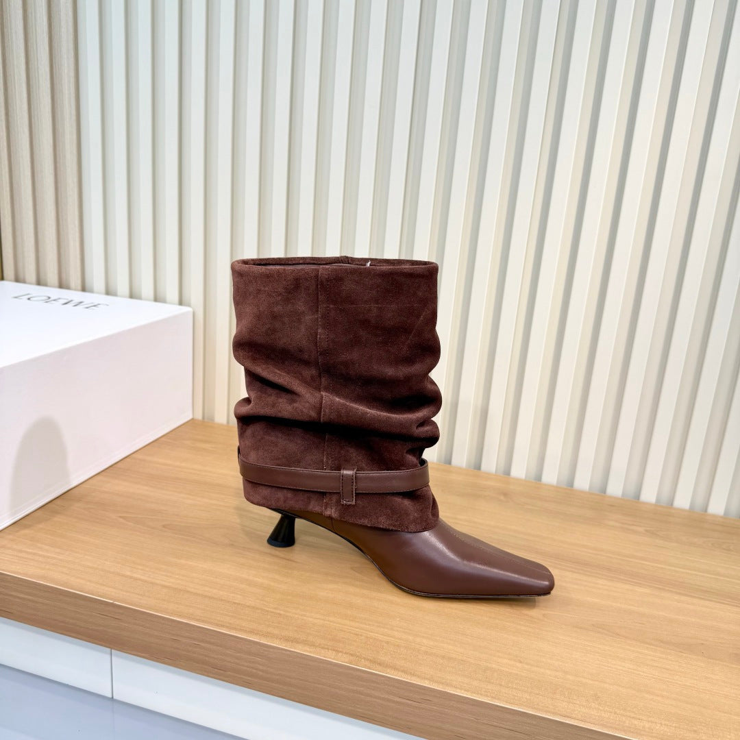 LW 26FW Slouchy Mid-Calf Boots Pointed Toe Kitten Heel Buckle Strap Suede Leather 147556