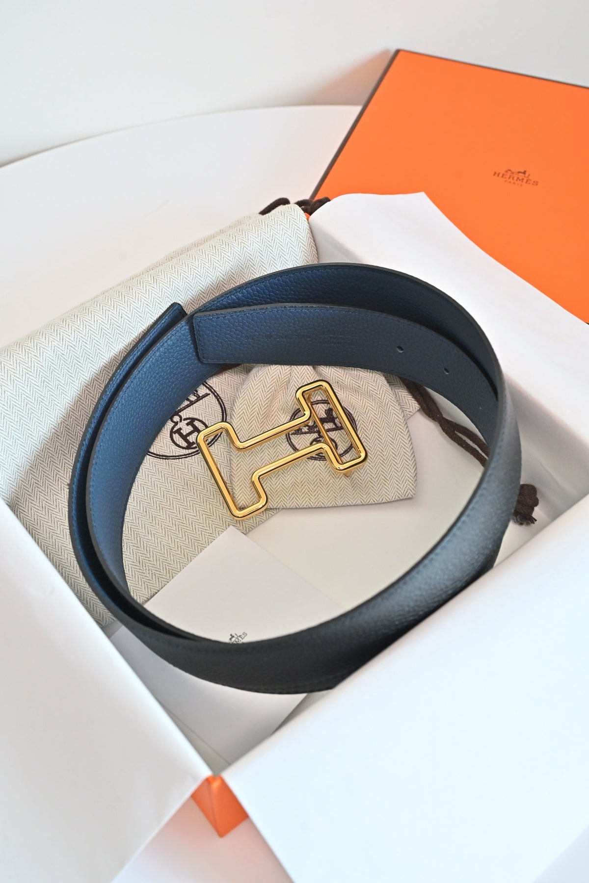 HM 26FW Reversible H Belt 3.8cm Black Blue Grained Leather 220419