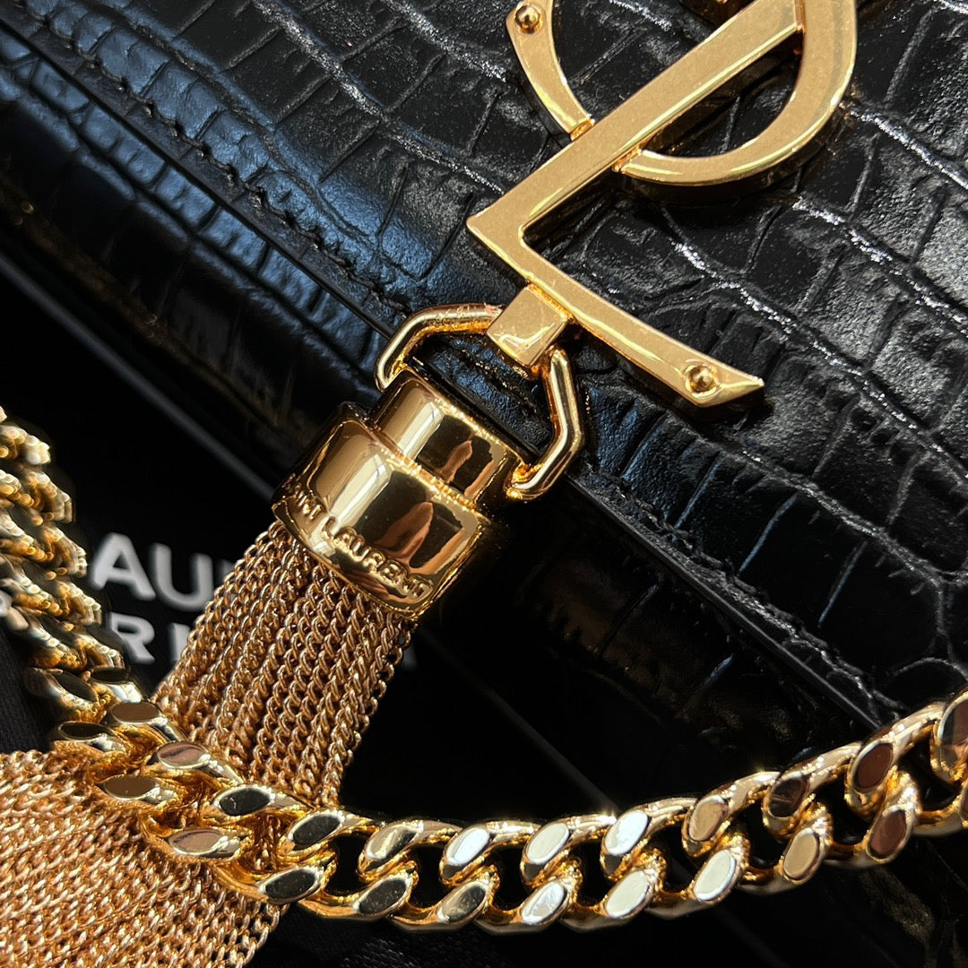 YSL 2026 Kate Bag 20cm Gold Hardware Croc-Embossed Leather