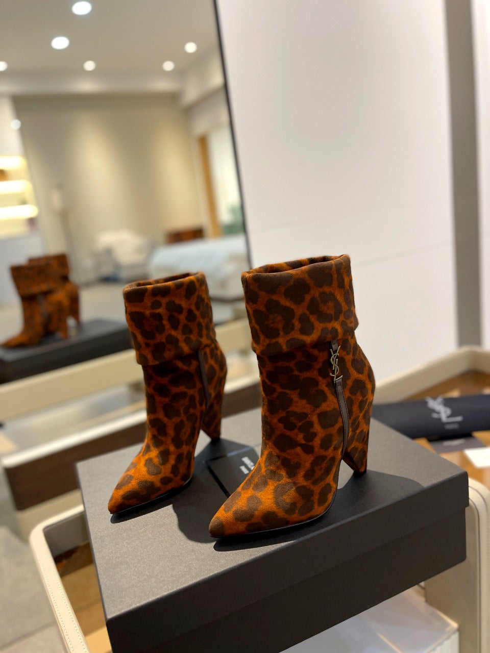 YSL 26s Leopard Ankle Boots Brown Black Suede 145334