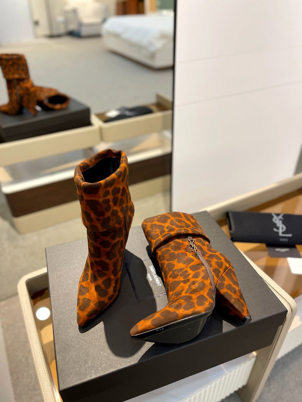 YSL 26s Leopard Ankle Boots Brown Black Suede 145334