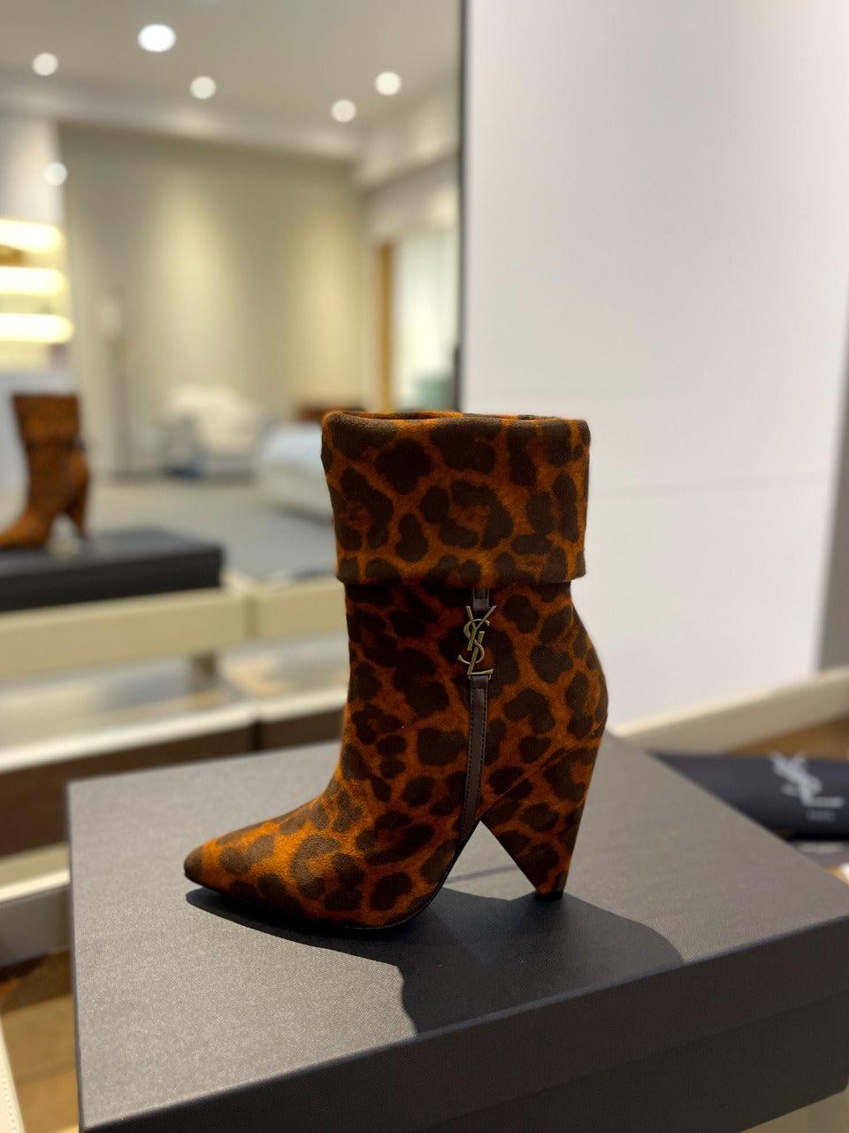 YSL 26s Leopard Ankle Boots Brown Black Suede 145334